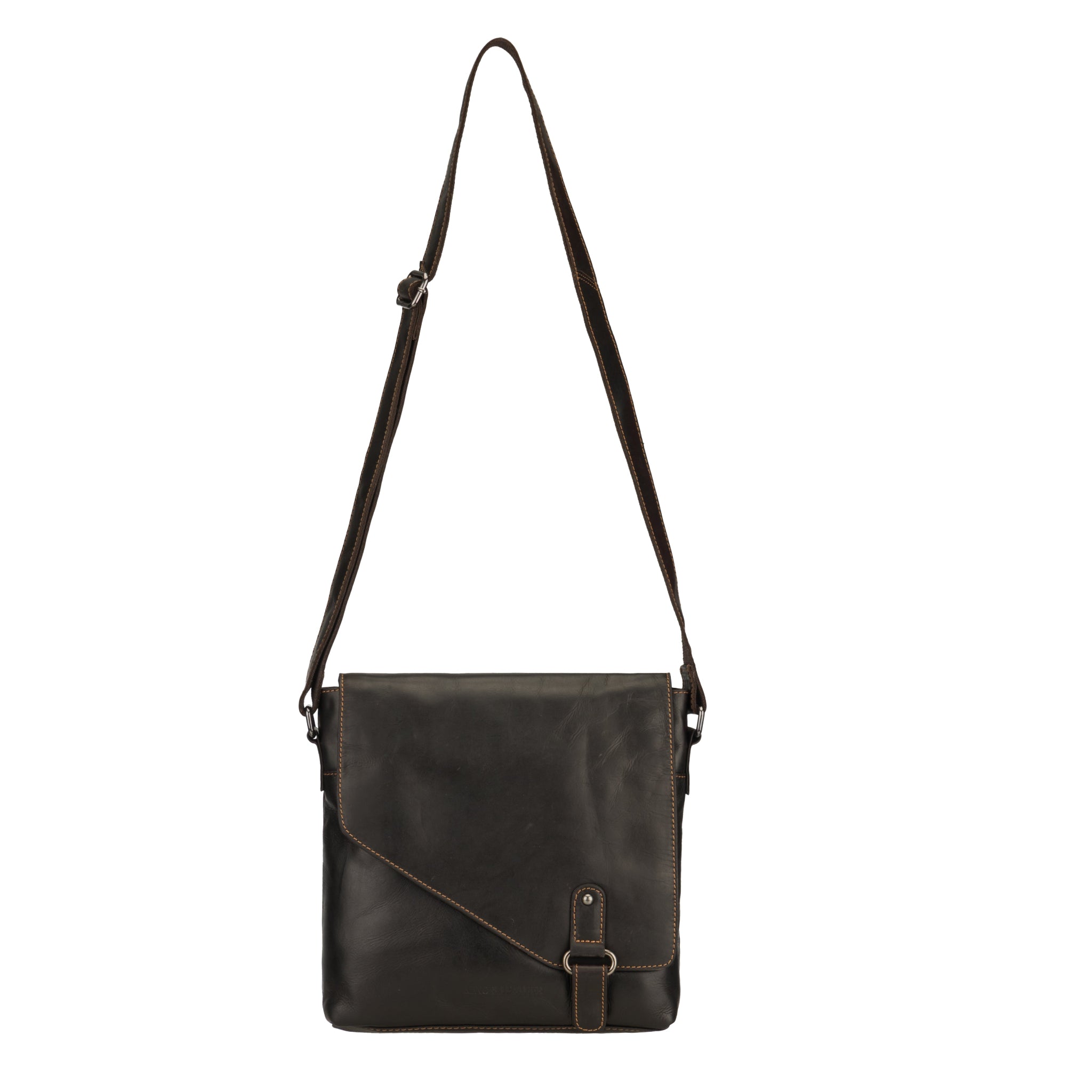 Full view of a Brown Minori leather crossbody messenger bag with adjustable strap and flap closure.