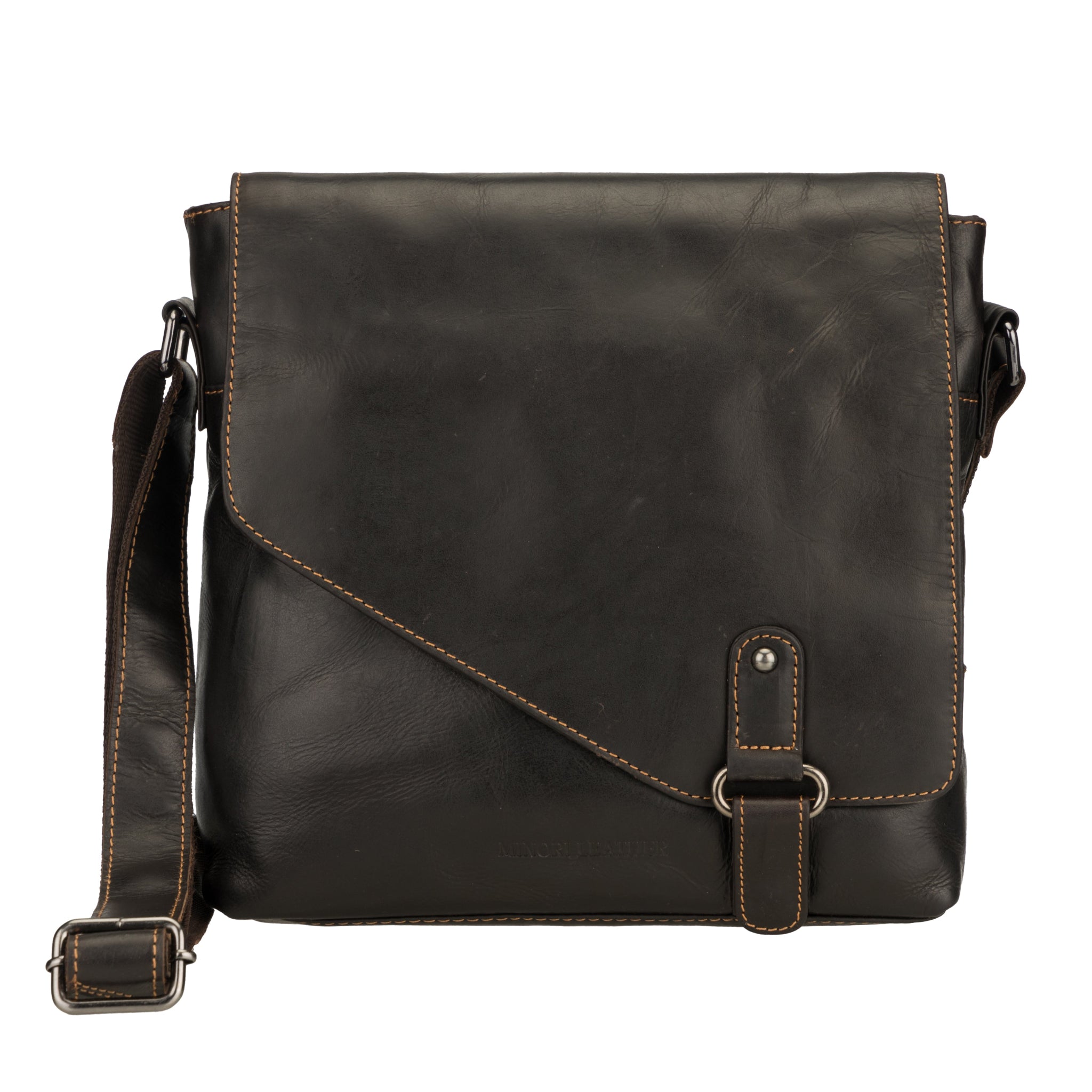 Close-up front view of a Brown Minori leather messenger bag showing buckle detail and Minori Leather logo.