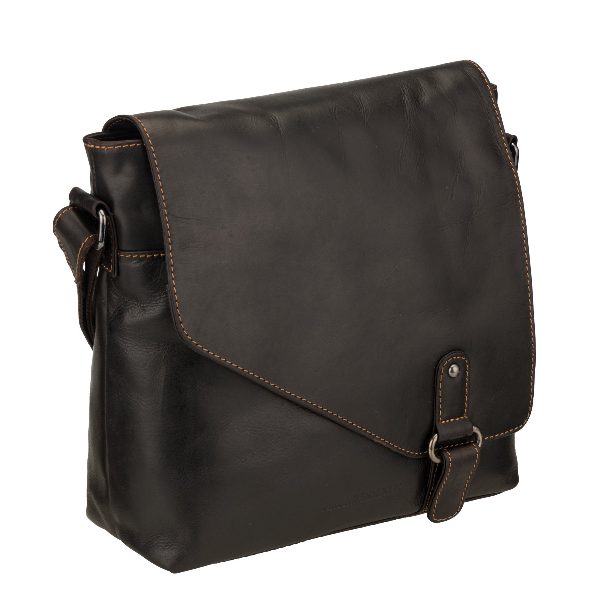 Angled side view of a Brown Minori leather crossbody messenger bag with stitched detailing and buckle closure.