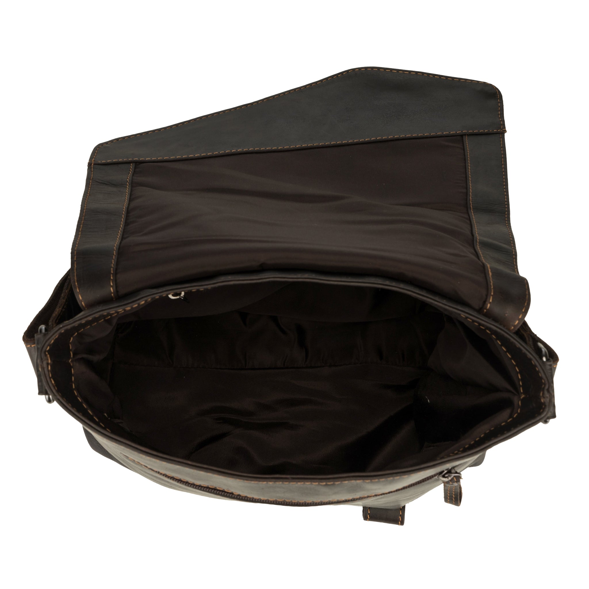 Interior top view of a Brown Minori leather bag with flap open, displaying fabric lining and organized compartments.
