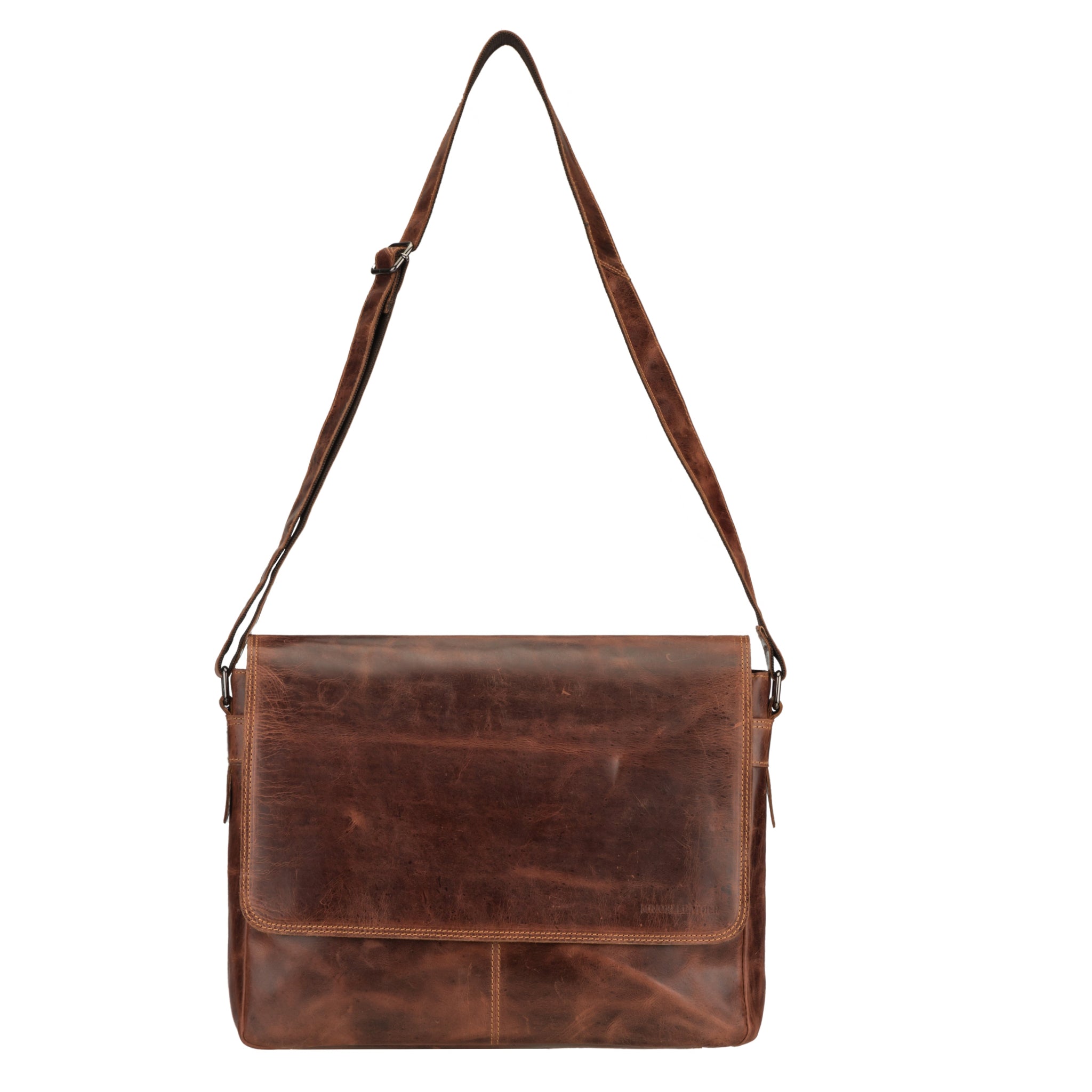 Brown Minori leather messenger bag with a strap on a white background
