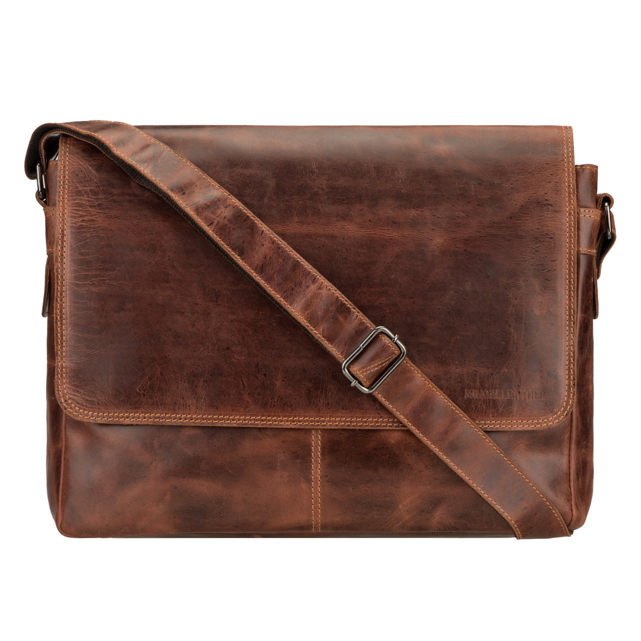 Brown Minori leather messenger bag with a strap on a white background