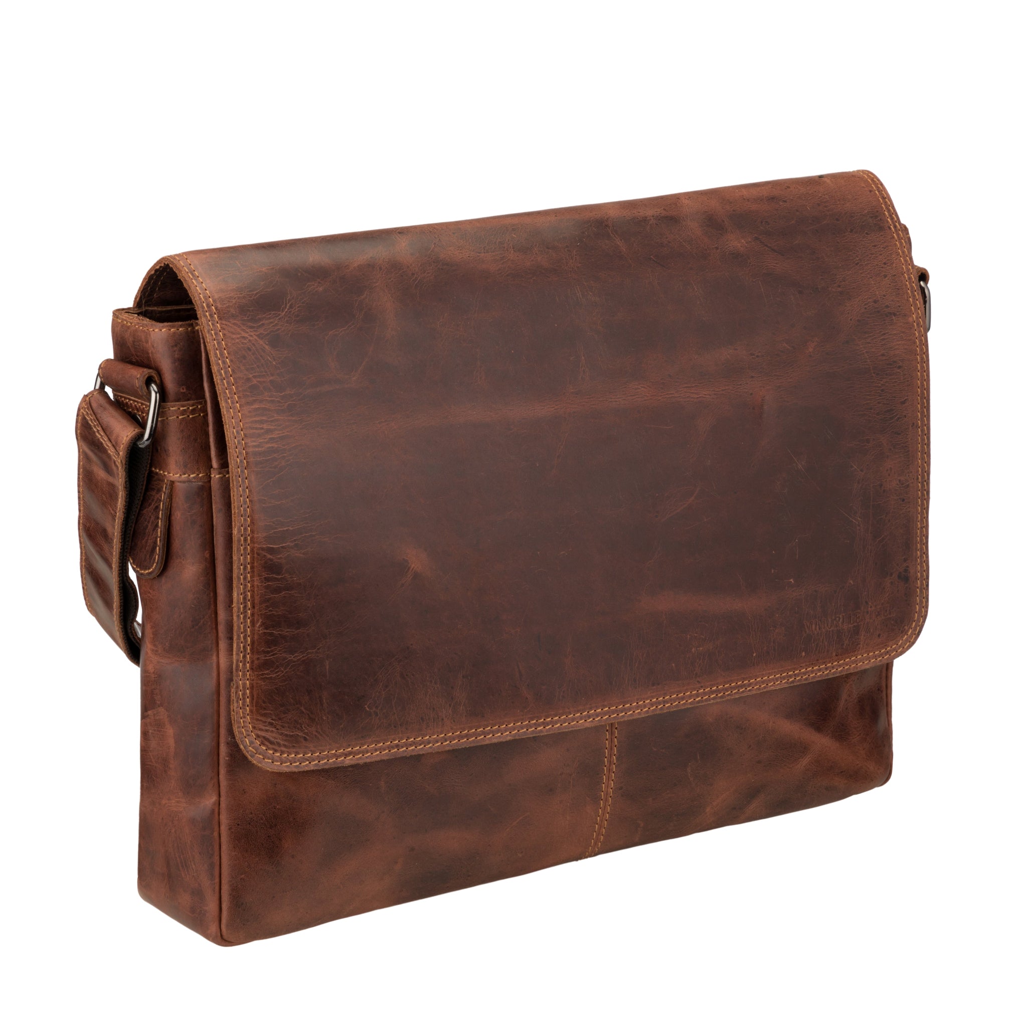 Angled view of Brown Minori leather messenger bag on a white background