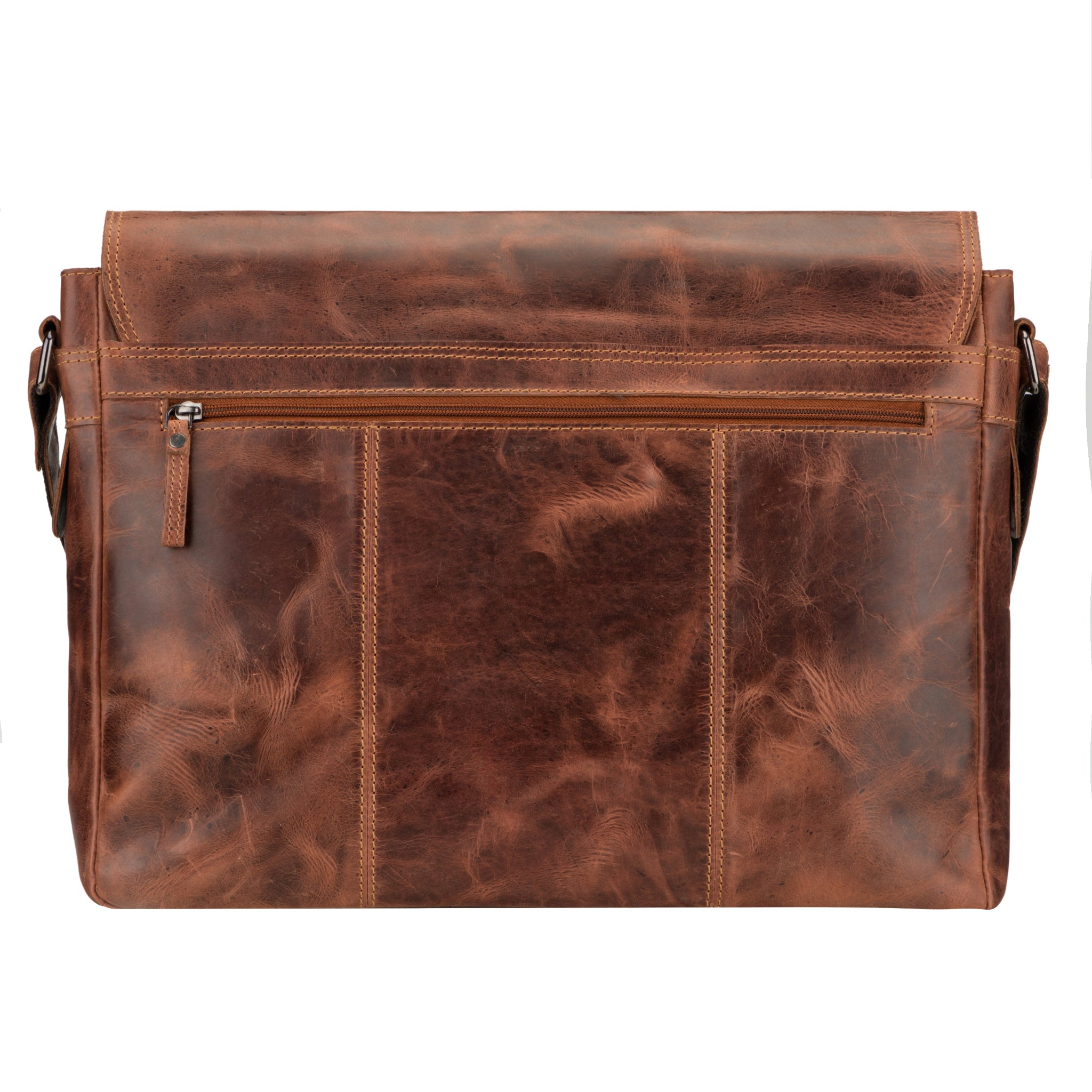 Back view of Brown leather Minori messenger bag on a white background