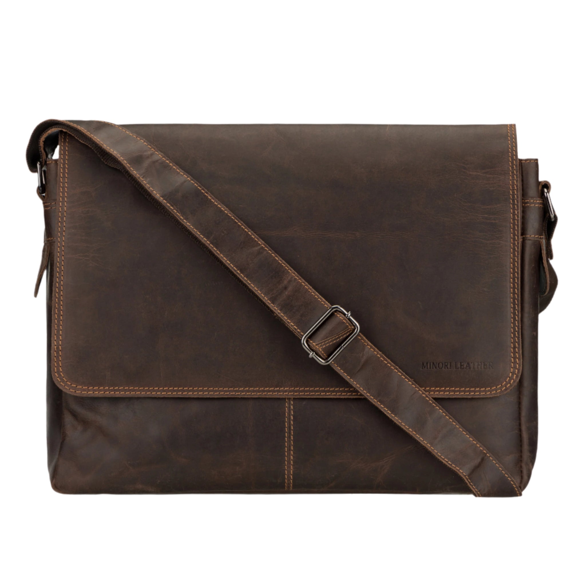 Brown Minori leather messenger bag with a strap on a white background