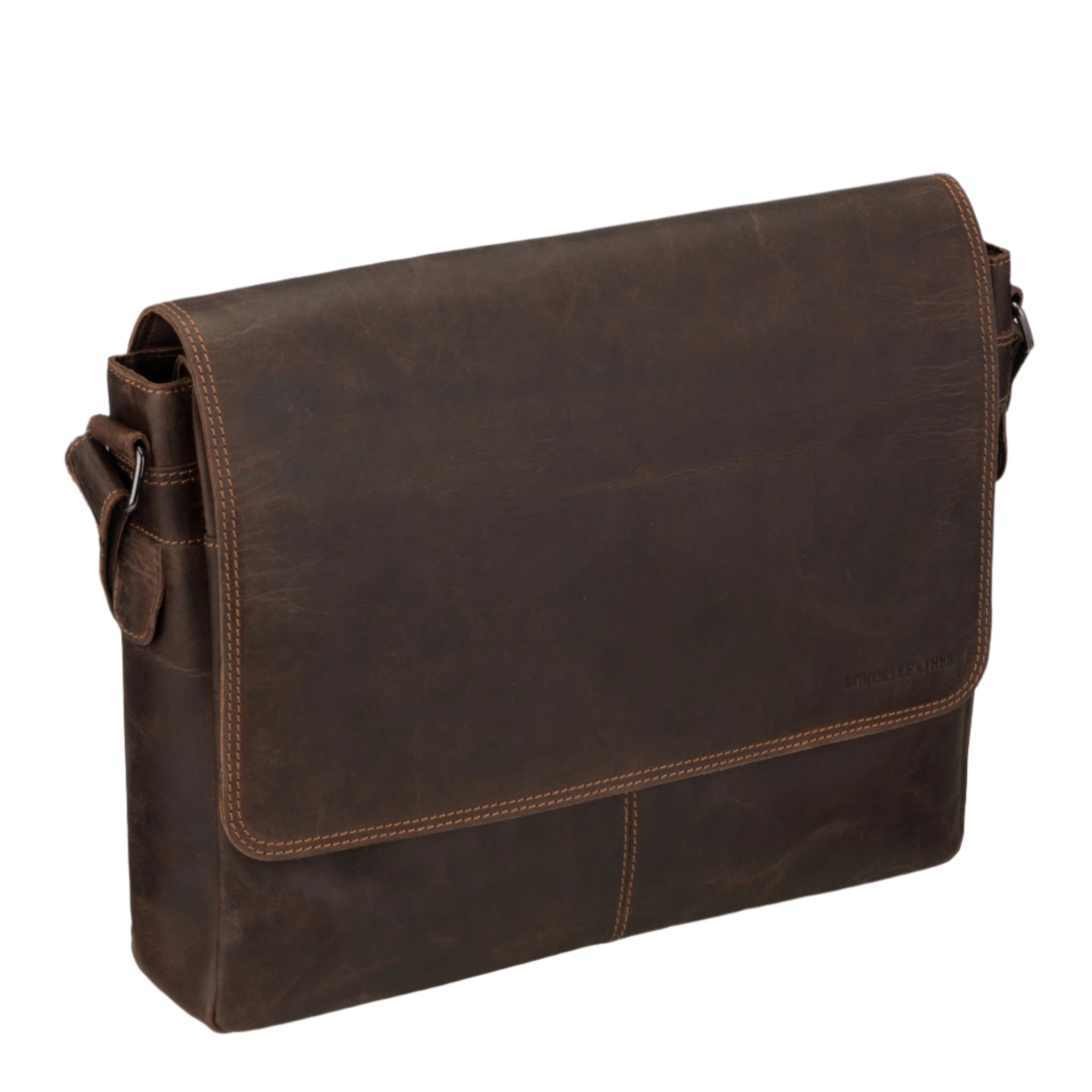 Angled view of Brown Minori leather messenger bag on a white background