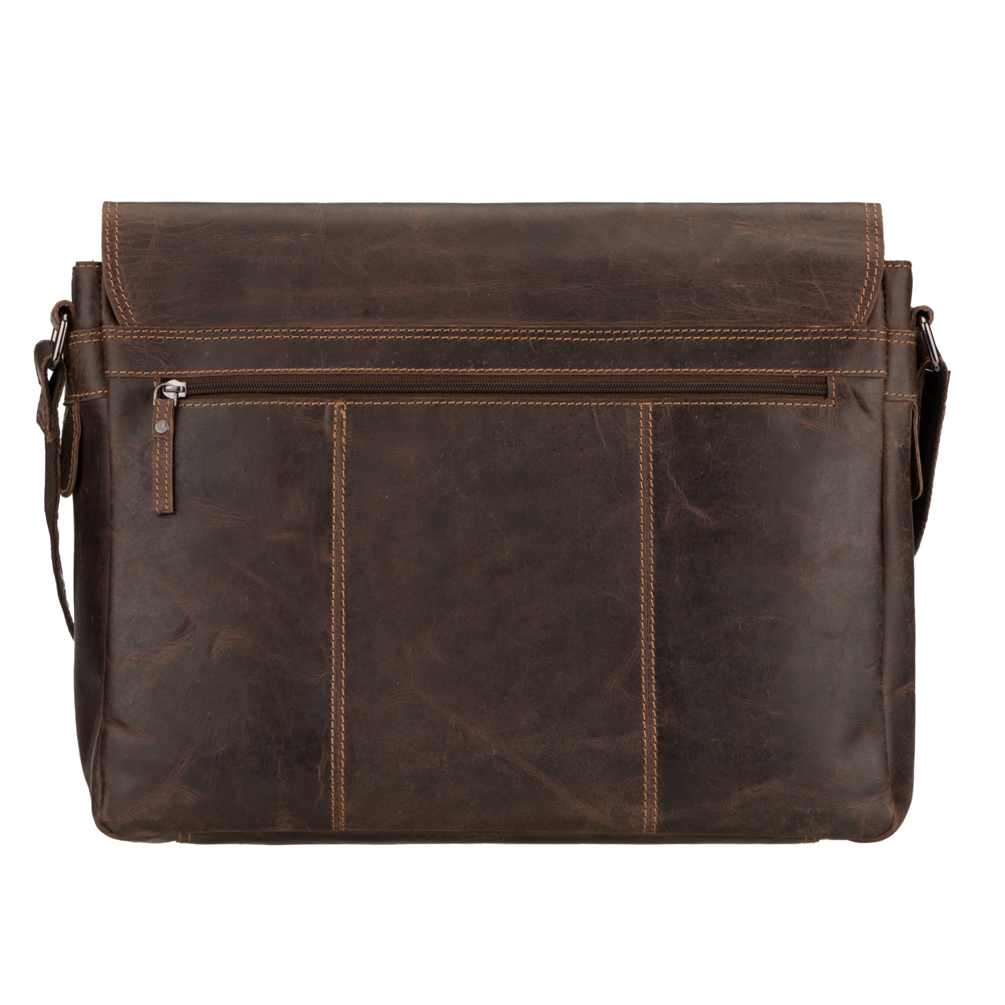 Back view of Brown Minori leather messenger bag on a white background