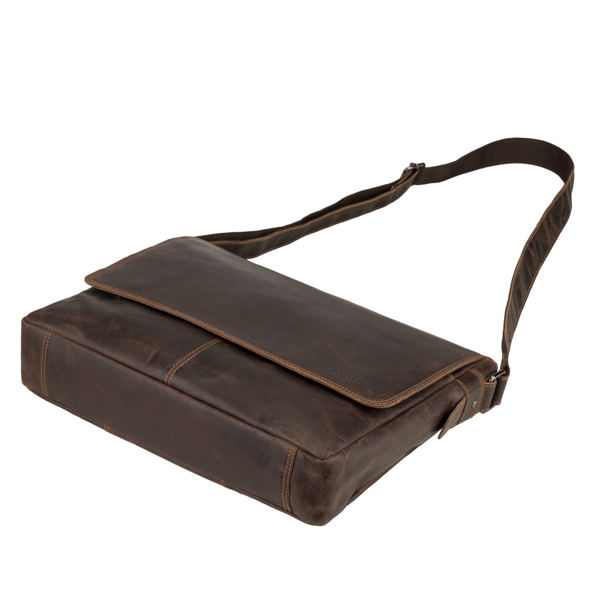 Flat Lay view of Brown Minori leather shoulder bag on a white background