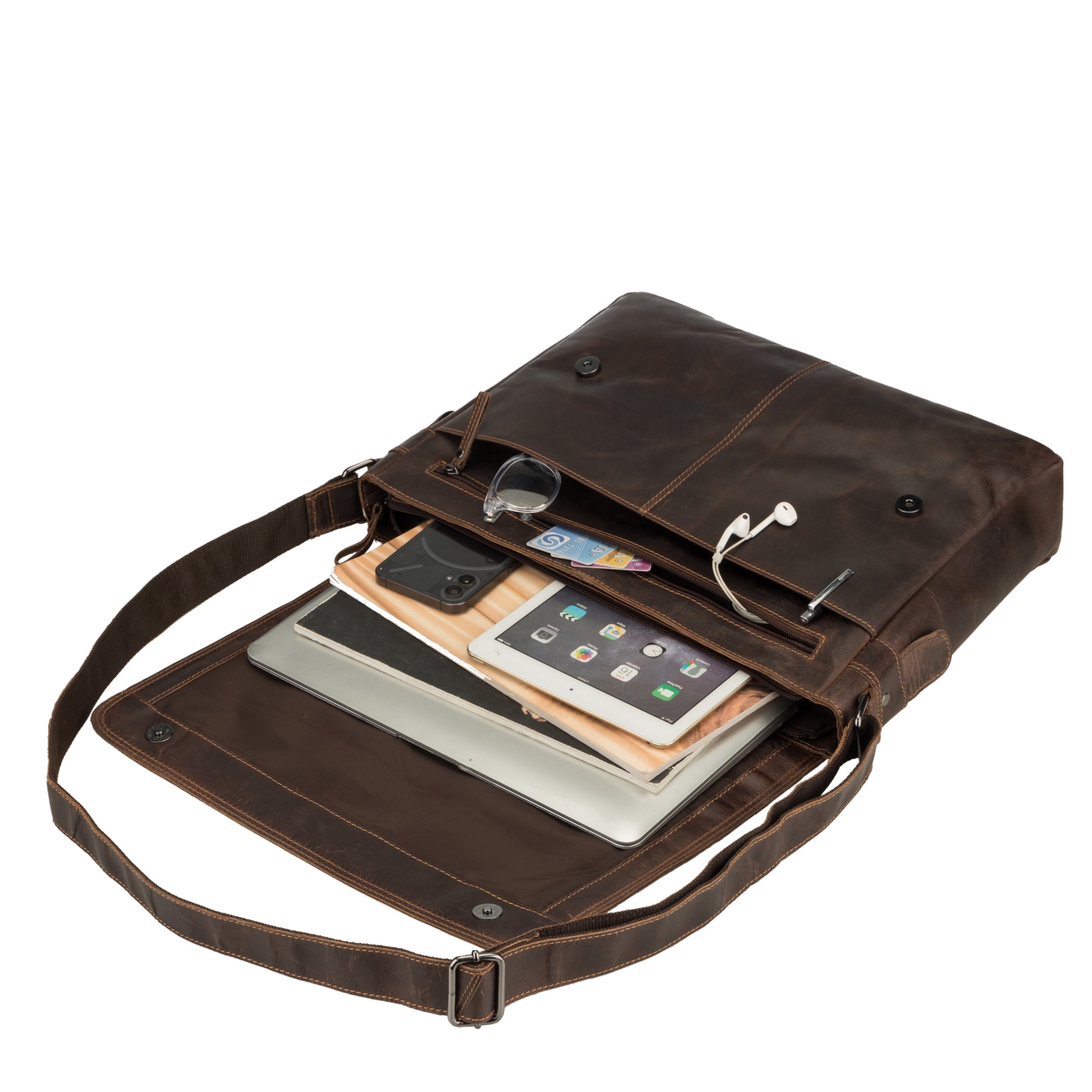 Brown Minori leather bag with a phone, wallet, and other items on a white background