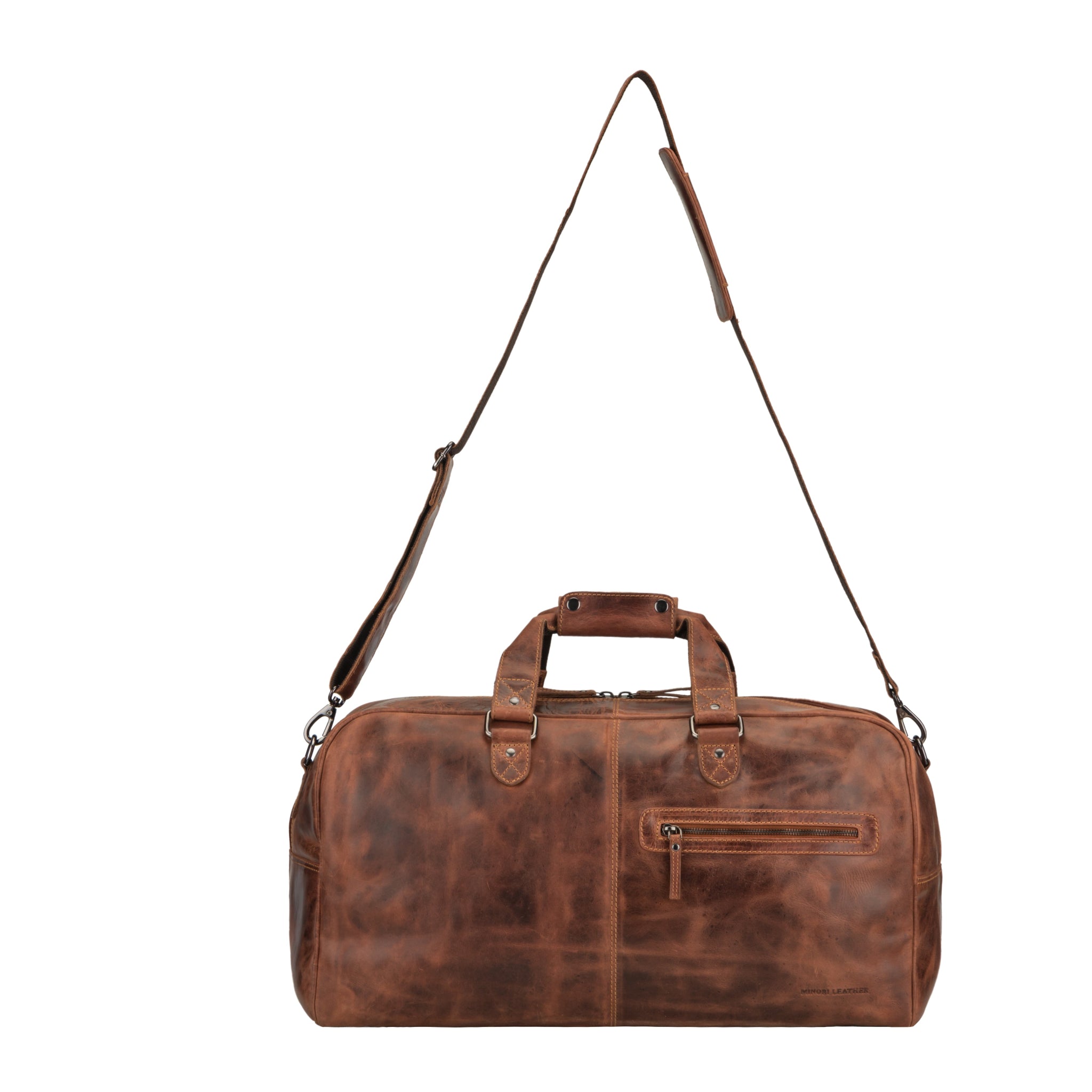 Full view of a chestnut brown Minori leather duffel bag with long adjustable shoulder strap and dual top handles.