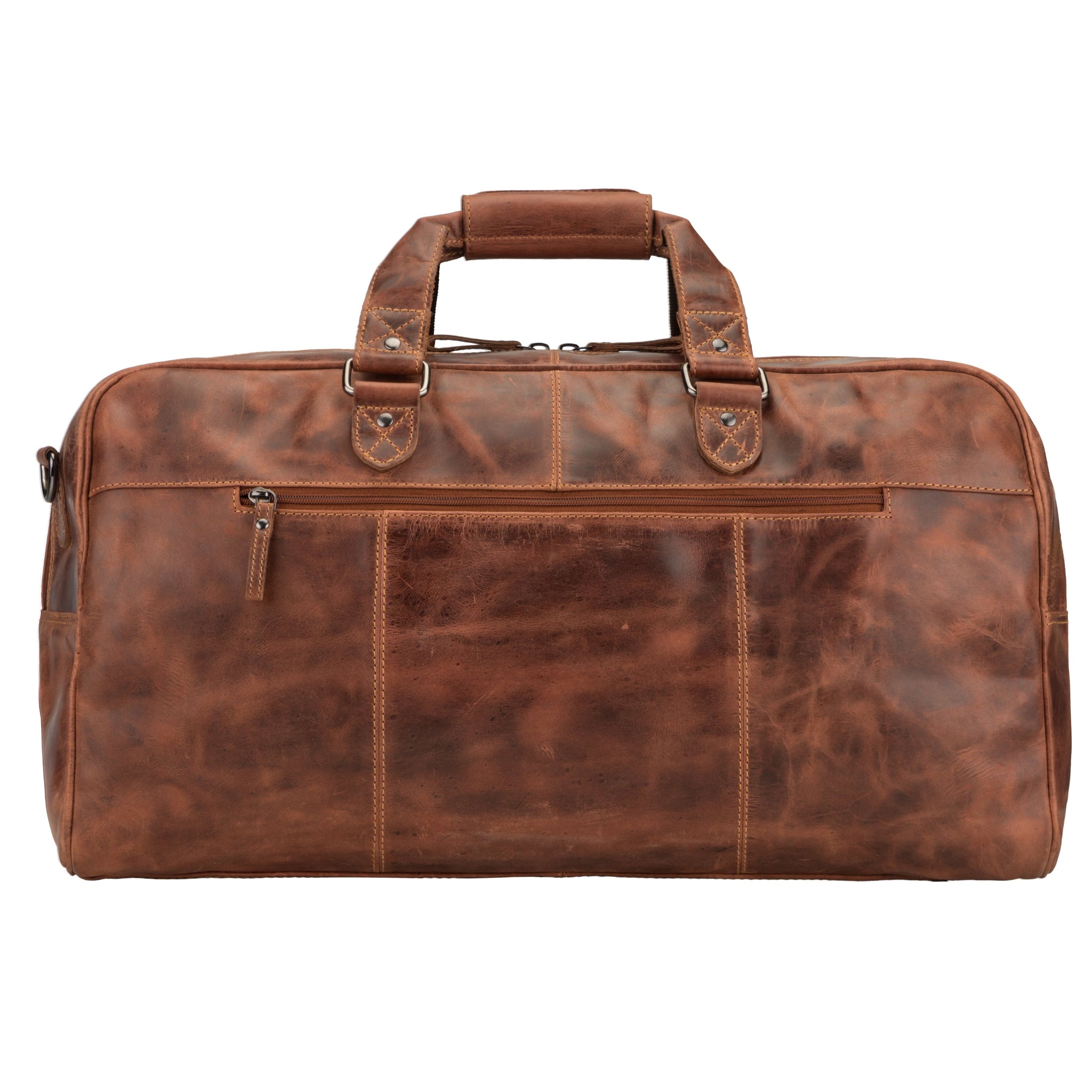 Rear view of a chestnut brown Minori leather duffel bag showing full-width stitched panel and horizontal zipper pocket.