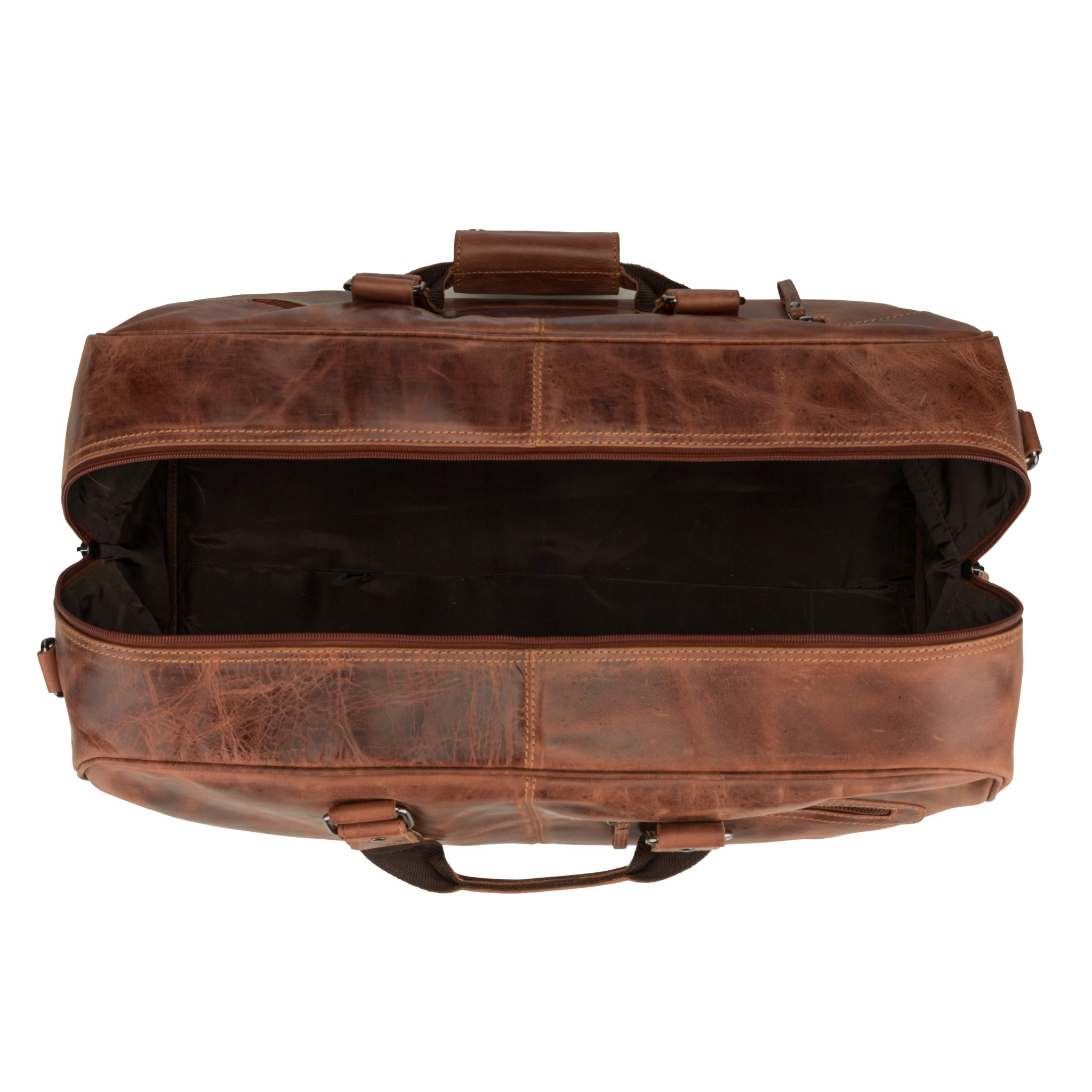 Top view of an open chestnut brown Minori leather duffel bag showing its large, empty main compartment with dark fabric lining.