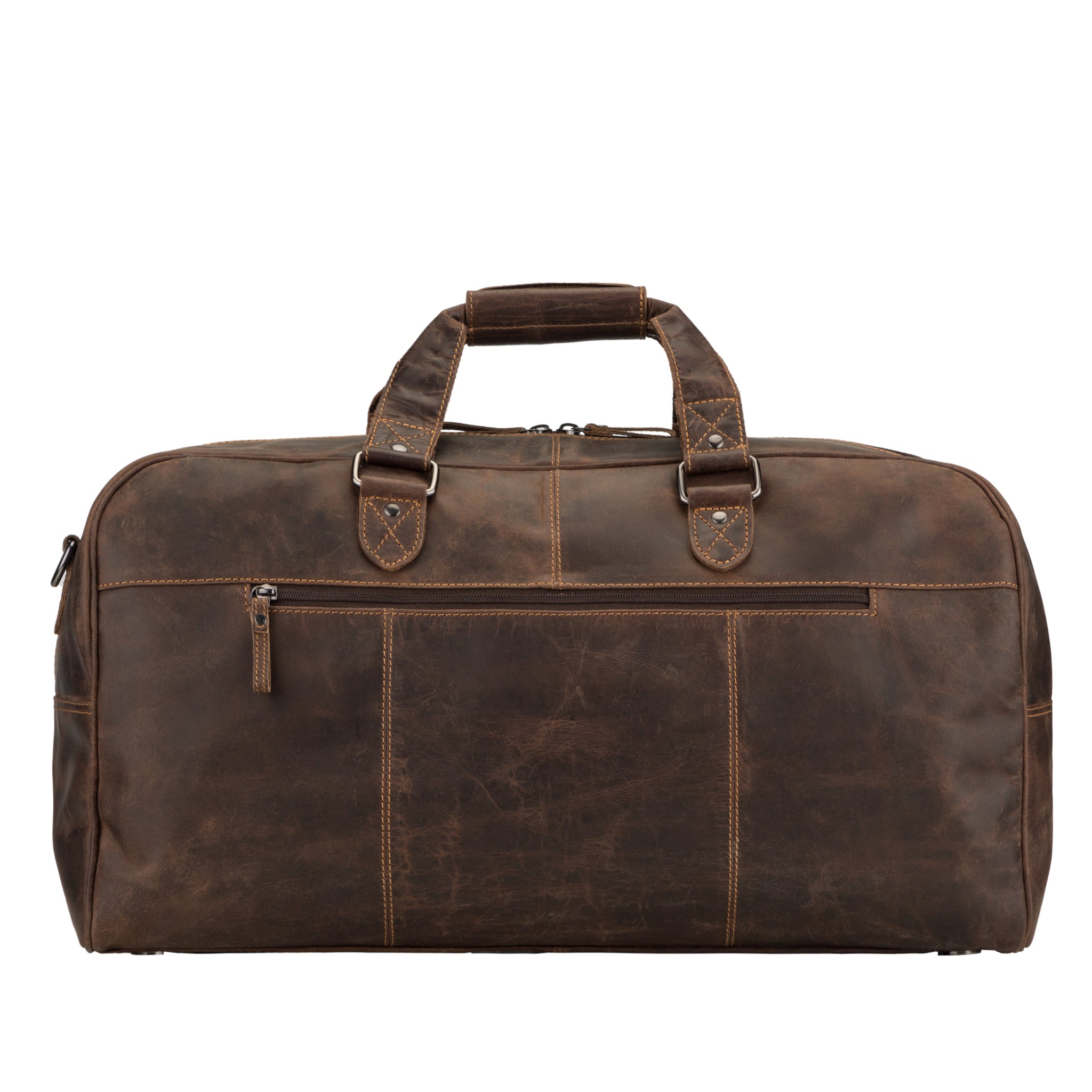 Rear view of a brown Minori leather duffle bag showing a large zipper pocket and minimalistic stitching detail.