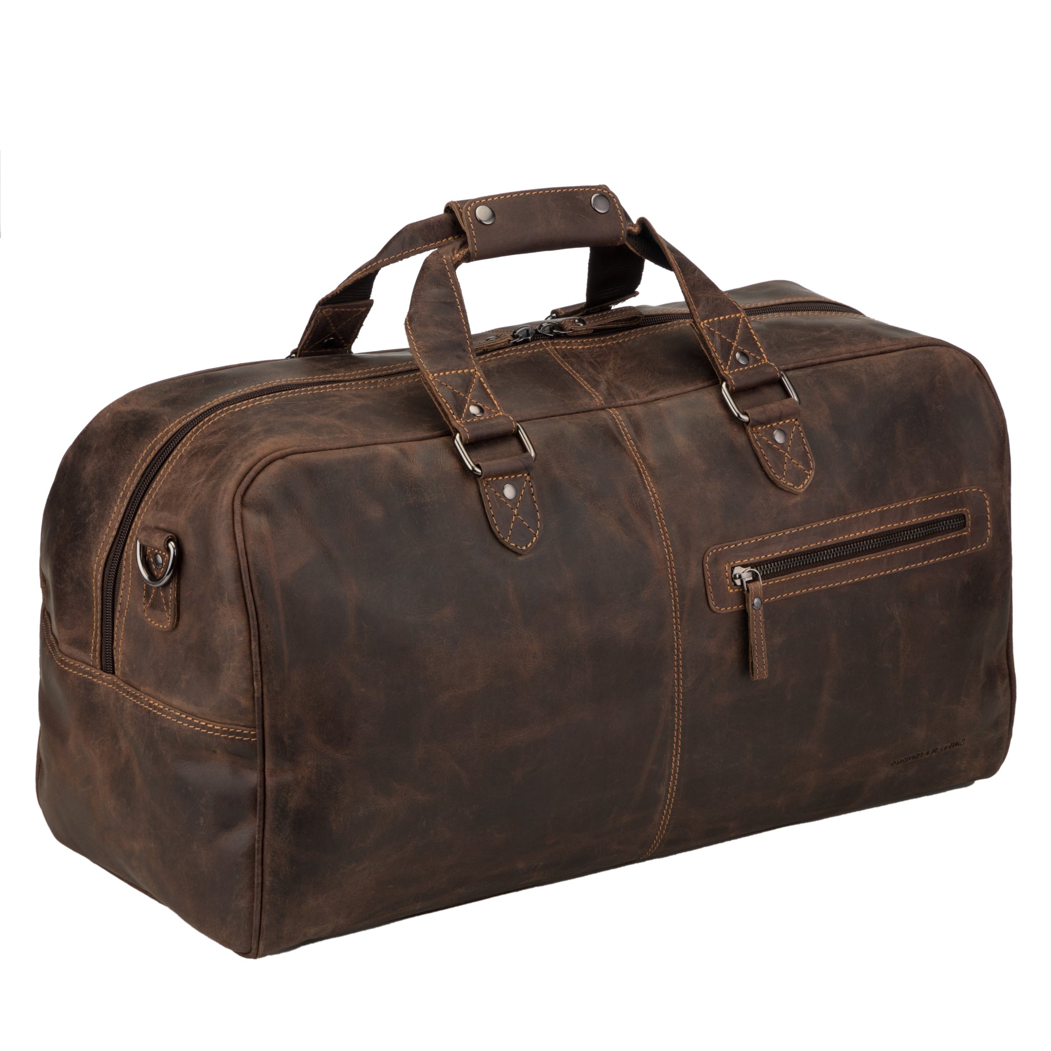 Angled side view of a brown Minori leather duffle bag highlighting its structured form, front zipper pocket, and sturdy handles.