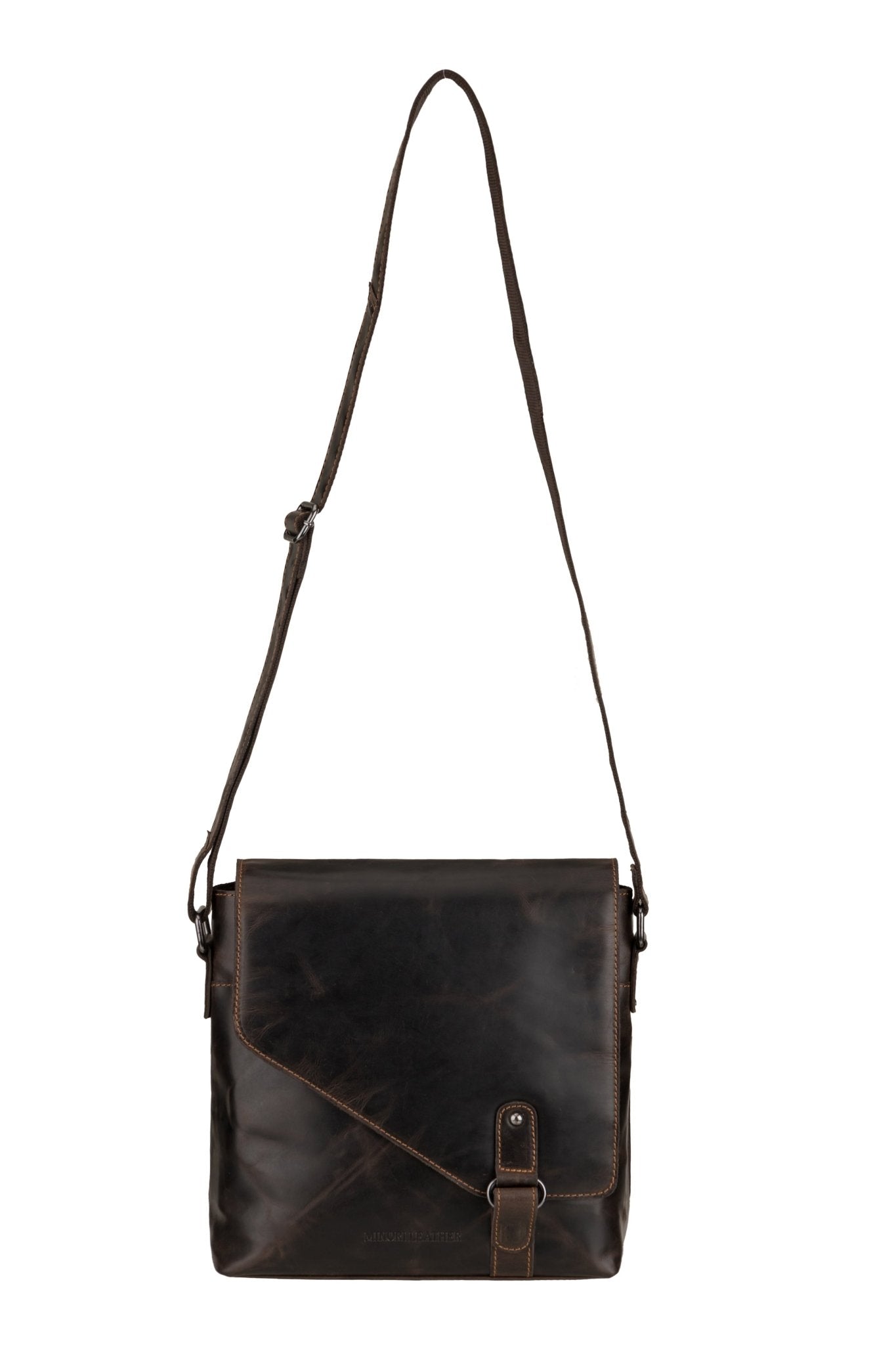 Minori Leather Noah brown leather crossbody satchel bag with adjustable strap and sleek design.