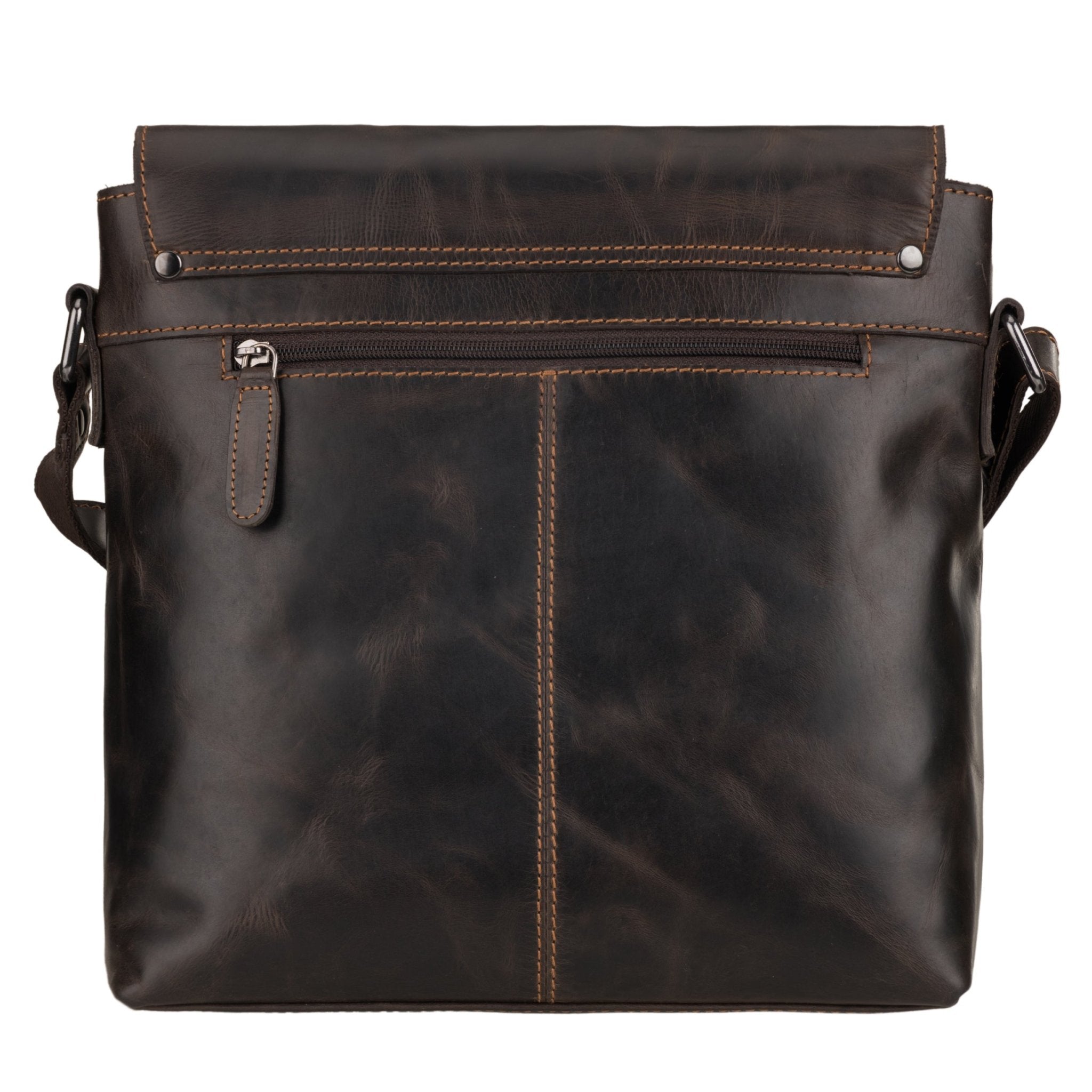 Minori Leather Noah brown leather crossbody satchel bag with adjustable strap and sleek design.