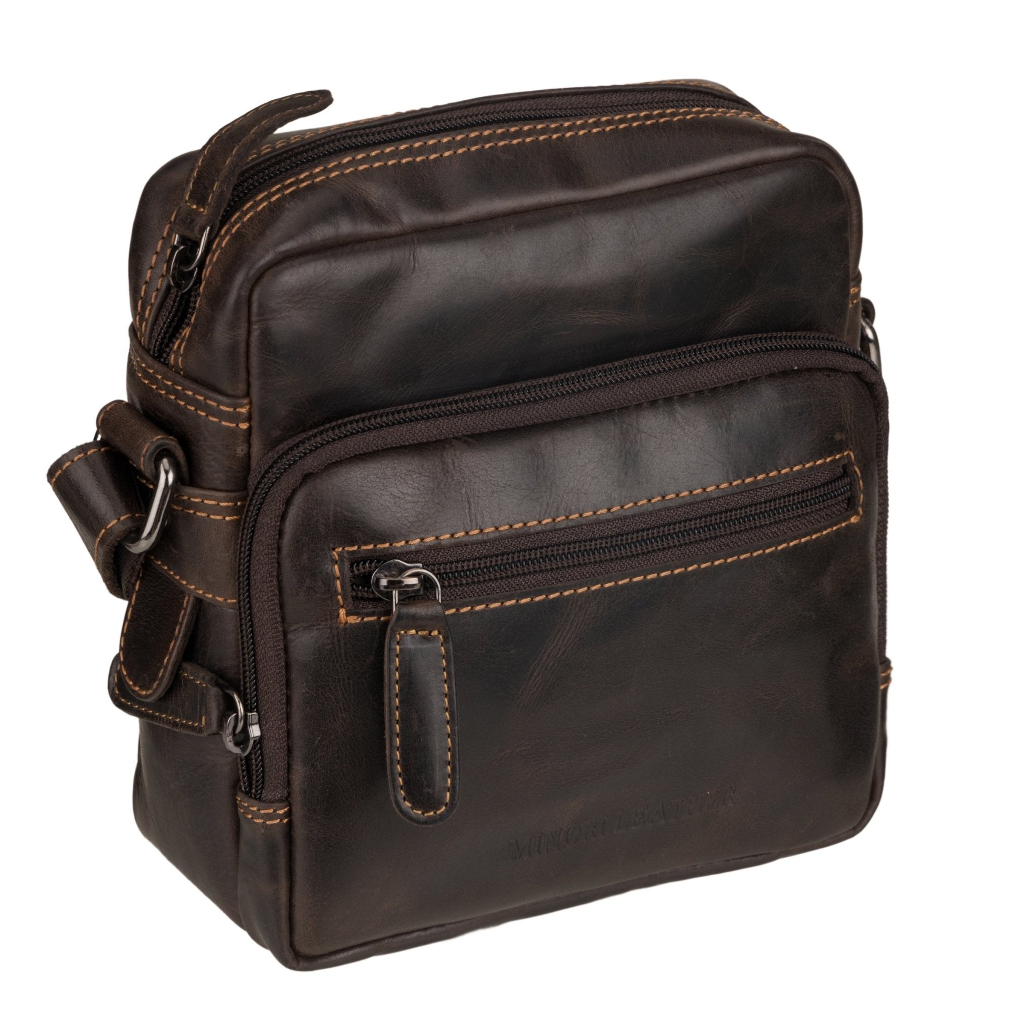 Minori Leather Cove brown leather crossbody bag with adjustable strap and minimalist design.