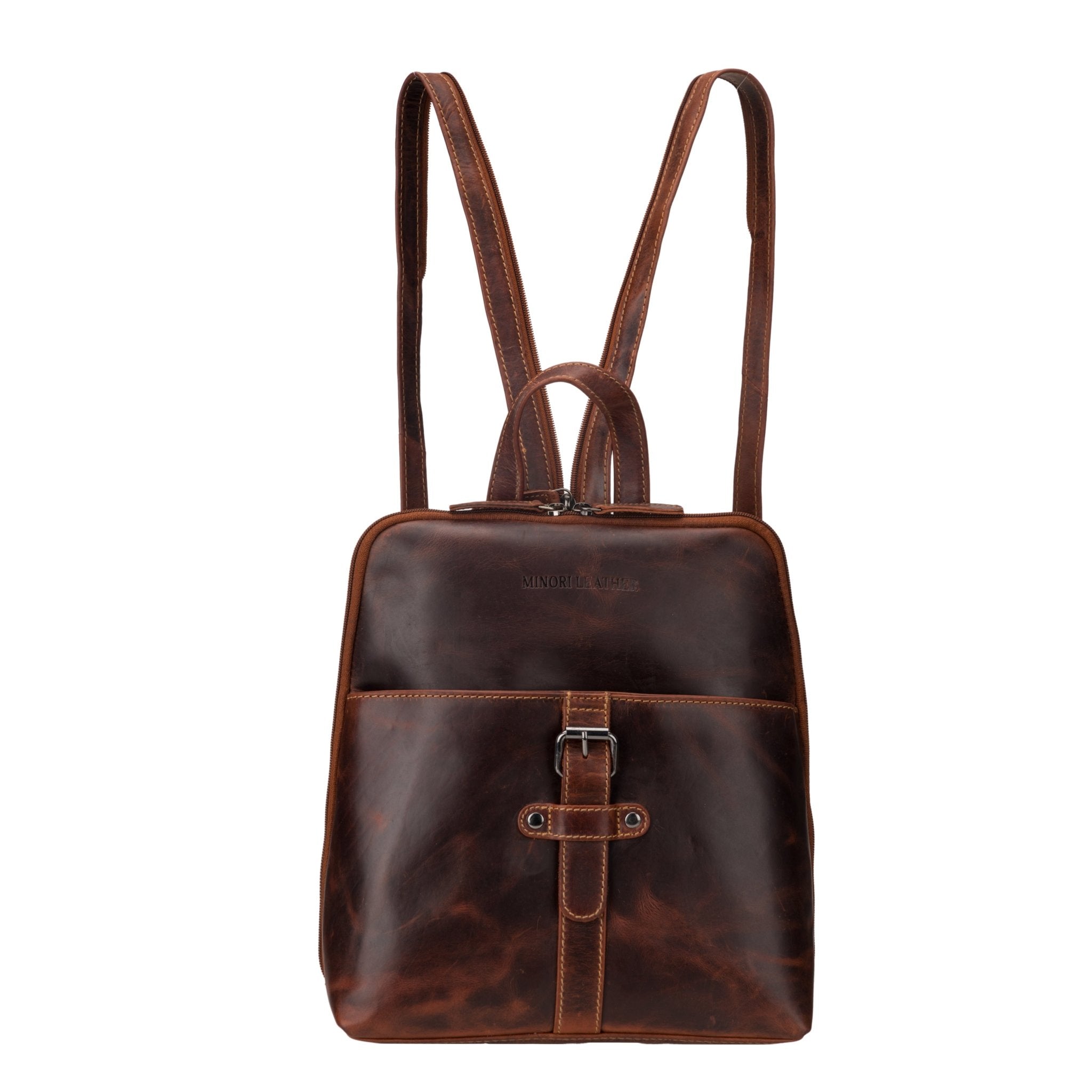 Minori Leather Isla leather backpack for women in chestnut color, featuring a spacious design and adjustable straps.