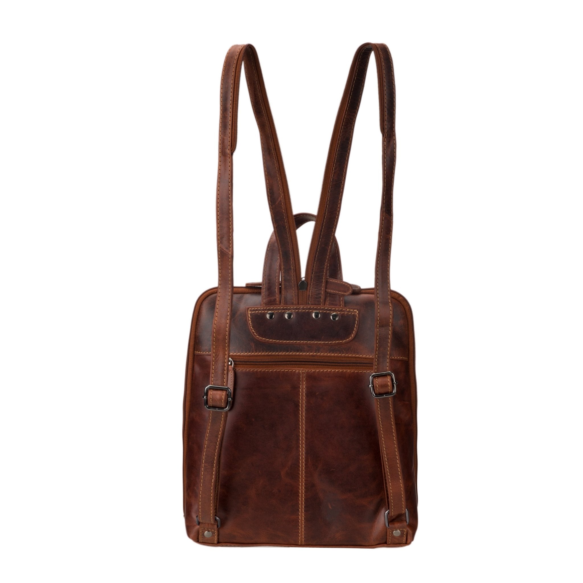 Minori Leather Isla leather backpack for women in chestnut, featuring a stylish and practical design with adjustable straps.