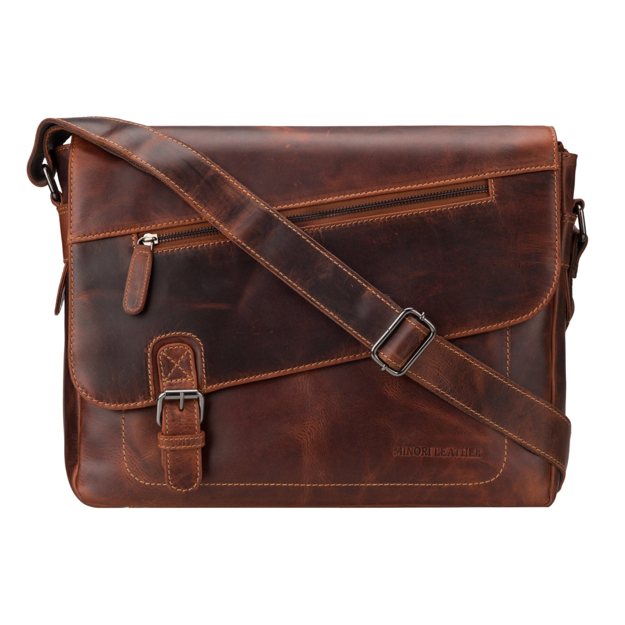 Chicago Leather Messenger Bag 14" – Unisex – Chestnut - Minori Leather