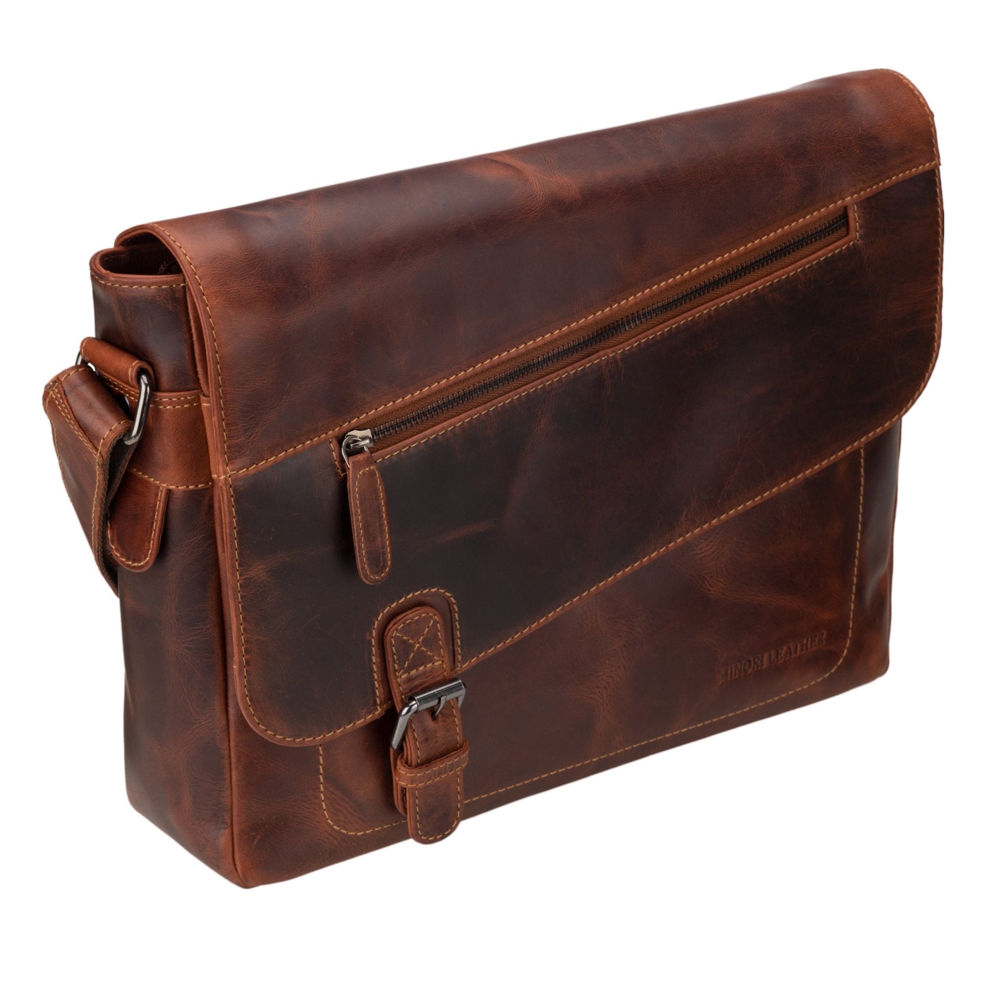 Chicago Leather Messenger Bag 14" – Unisex – Chestnut - Minori Leather
