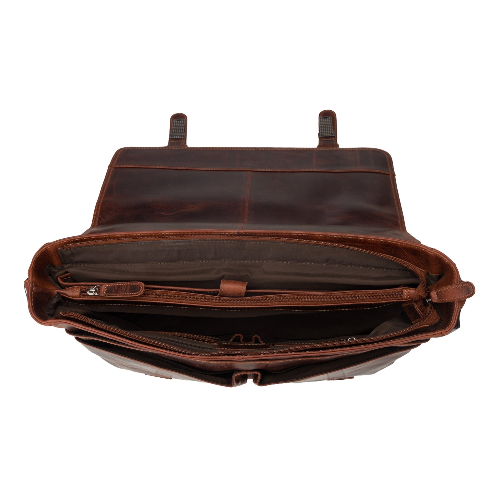 Unisex Boston Leather Briefcase Bag in chestnut by Minori Leather, featuring a 16-inch classic leather design with sturdy handles.