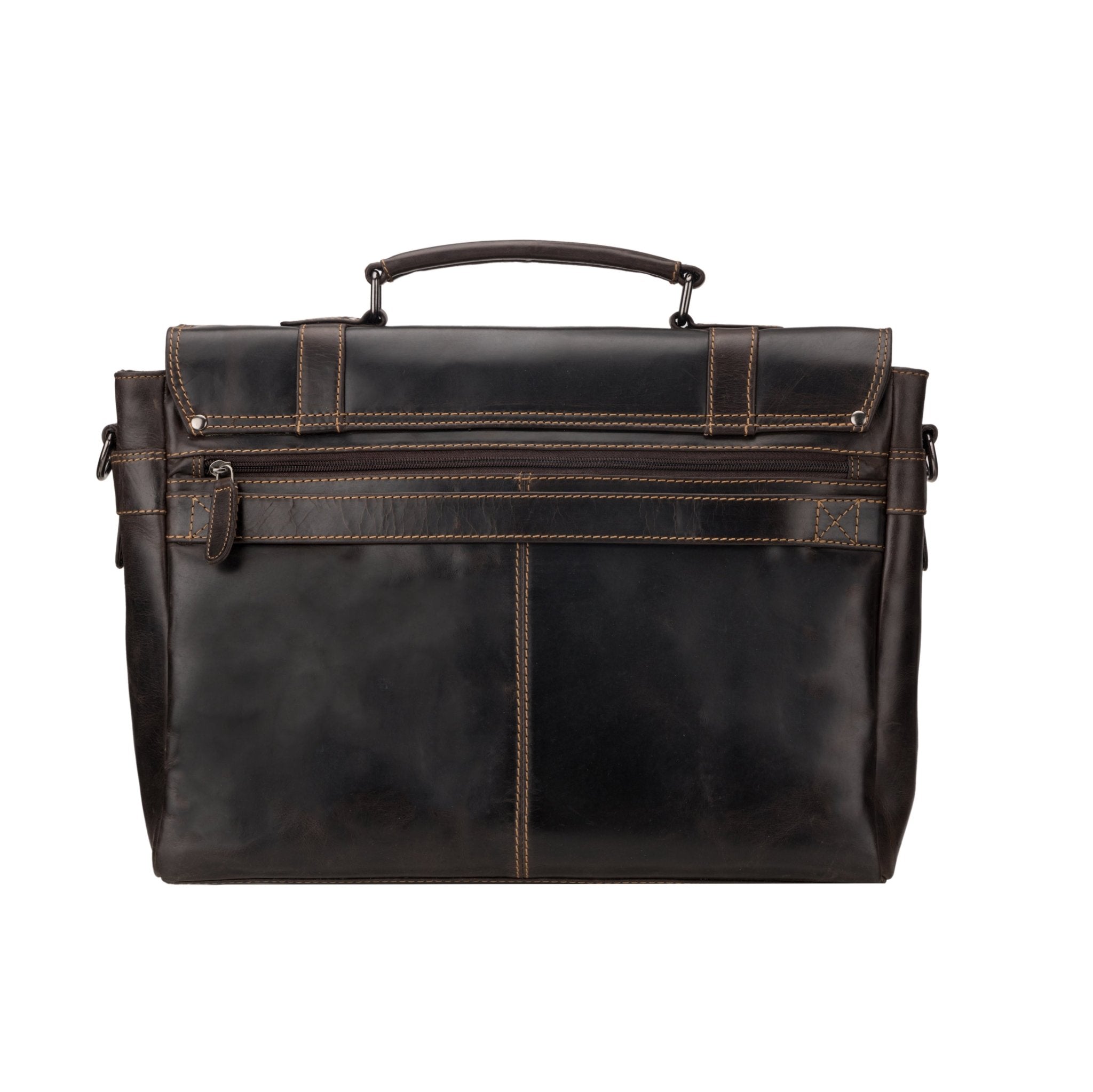 Brown Boston leather briefcase bag by Minori Leather, 16-inch unisex design with sturdy handles and a classic professional look.