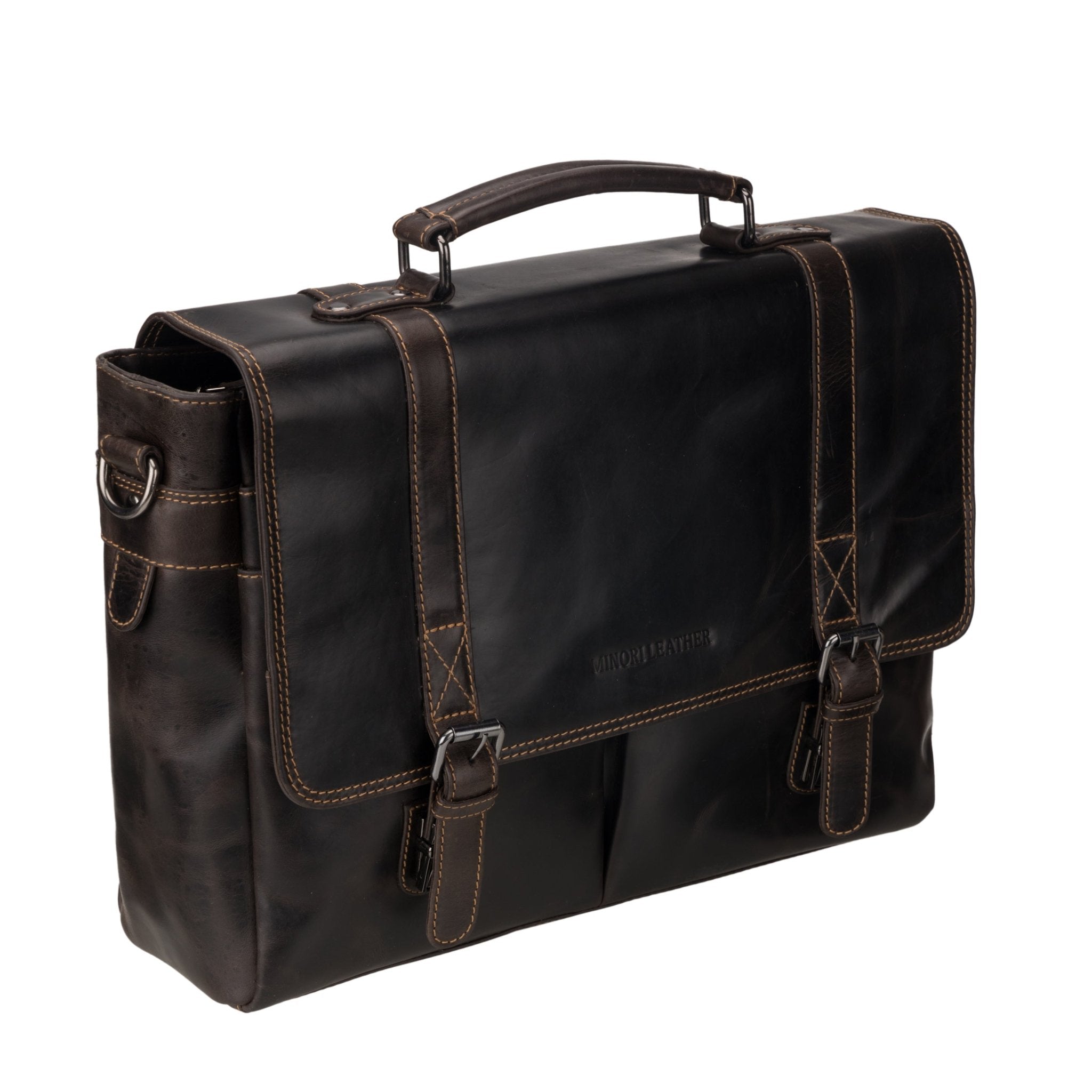 Brown Boston leather briefcase bag by Minori Leather, 16-inch unisex design with sturdy handles and classic style.