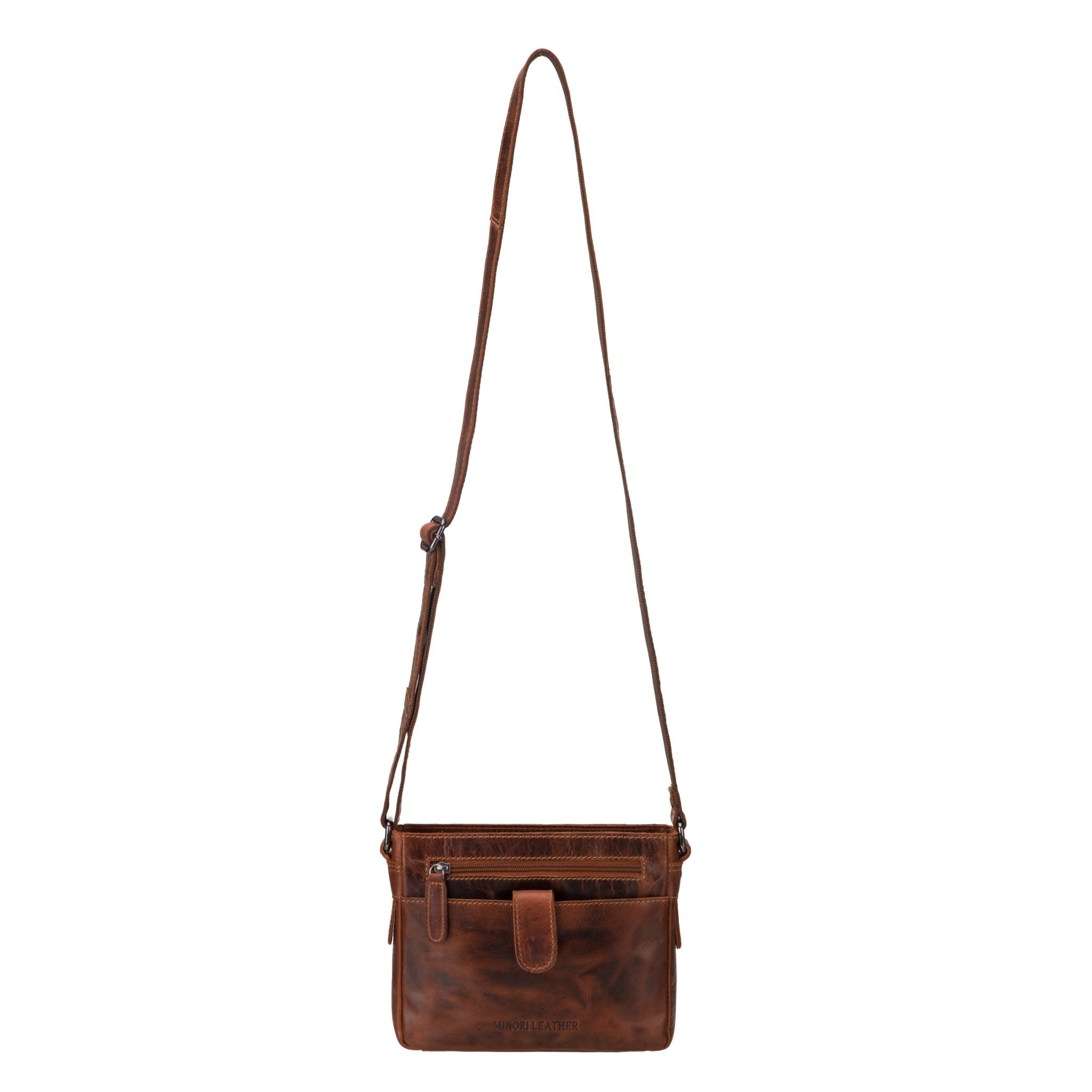 Minori Leather Kingston unisex leather crossbody bag in chestnut, featuring a sleek design and adjustable strap.