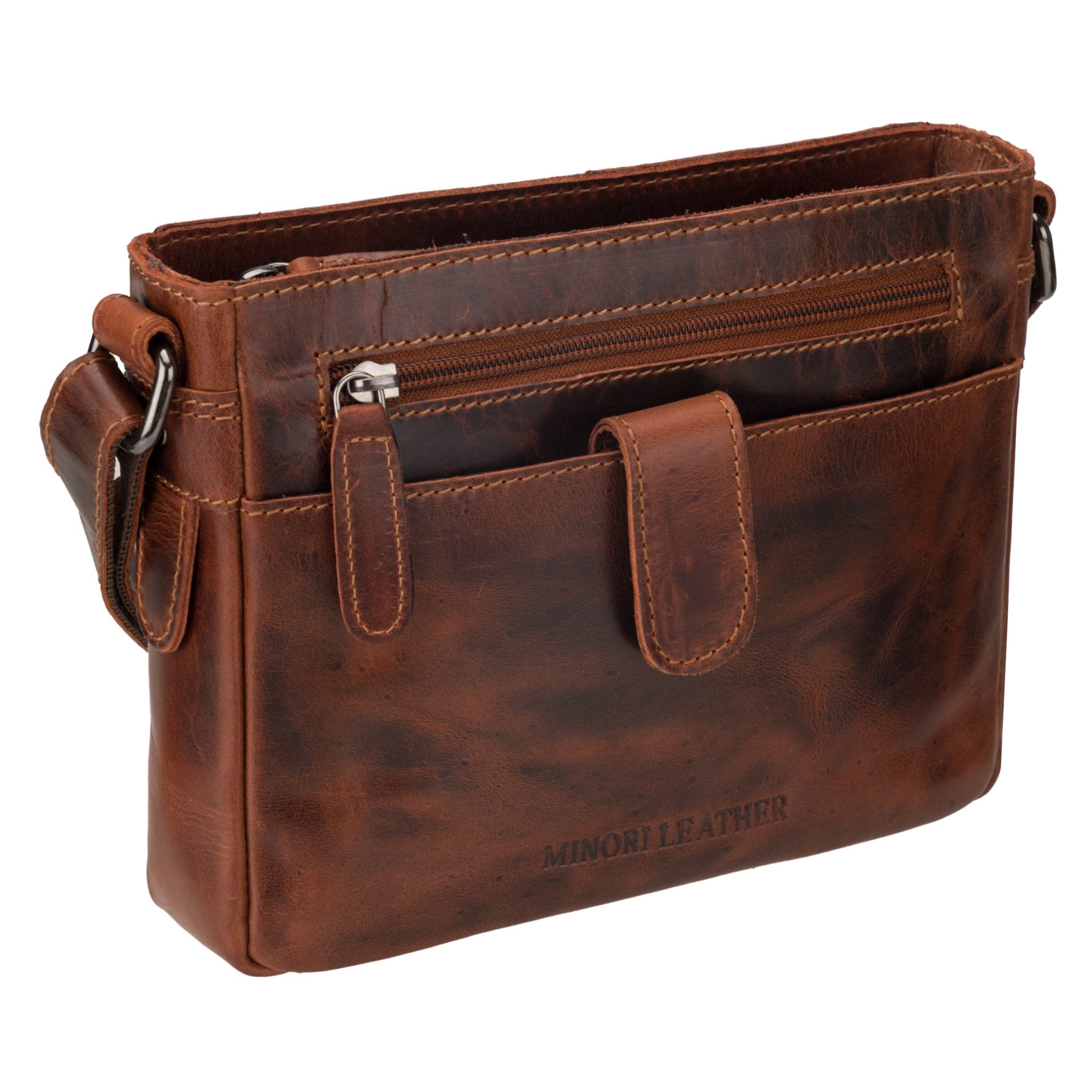 Minori Leather unisex chestnut leather crossbody bag with adjustable strap and sleek design.