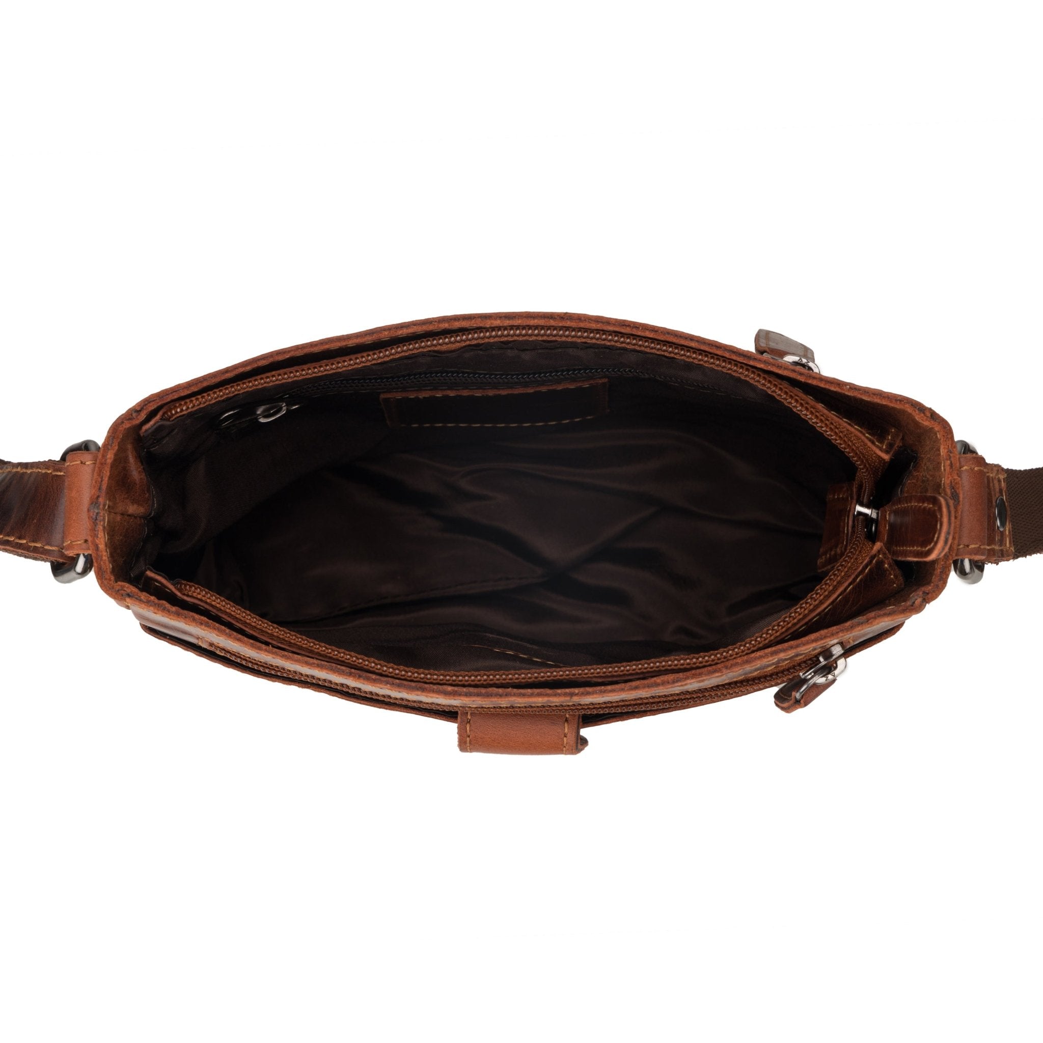 Minori Leather Kingston unisex leather crossbody bag in chestnut, featuring adjustable strap and sleek design.