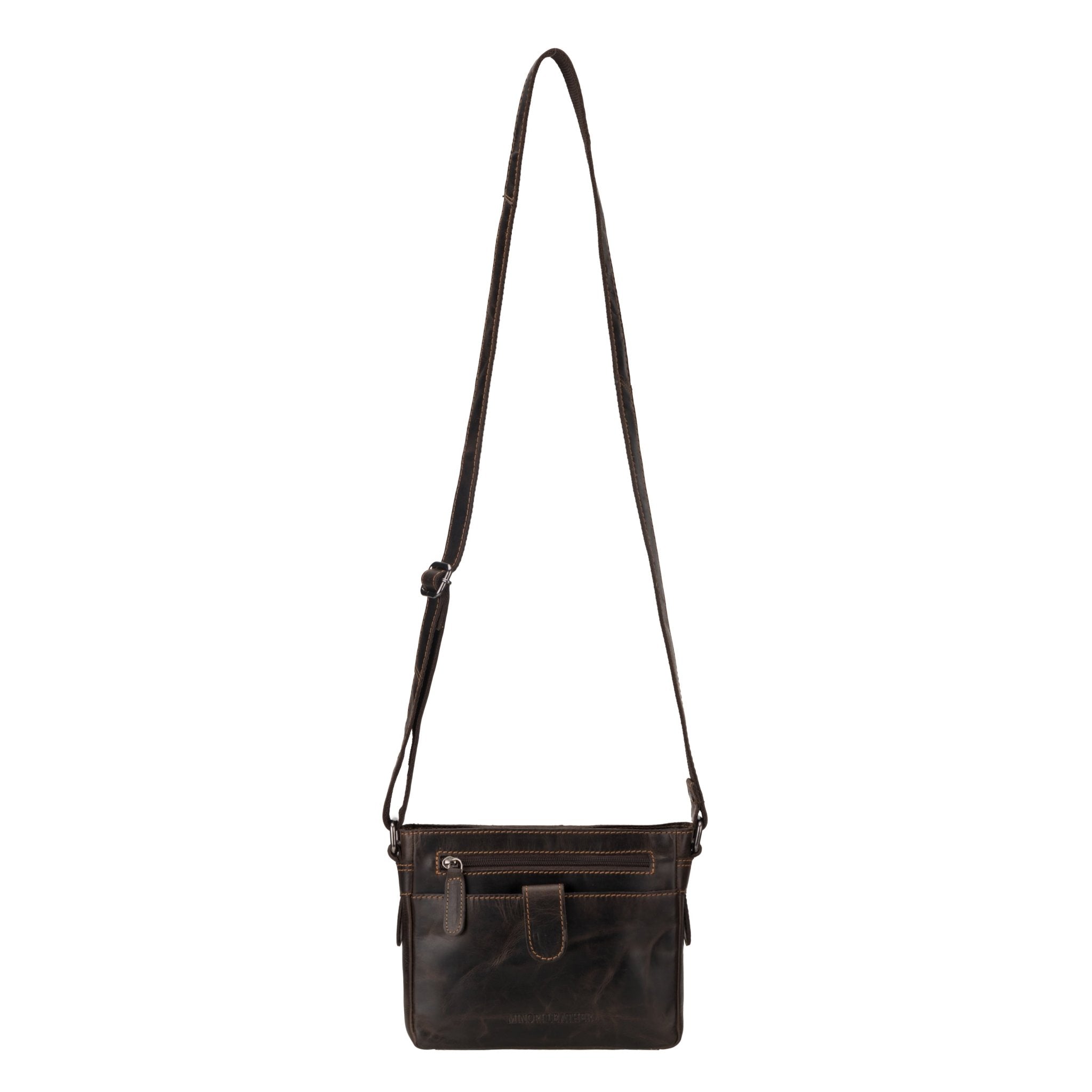 Brown Kingston leather crossbody bag by Minori Leather, unisex design with adjustable strap and classic style.
