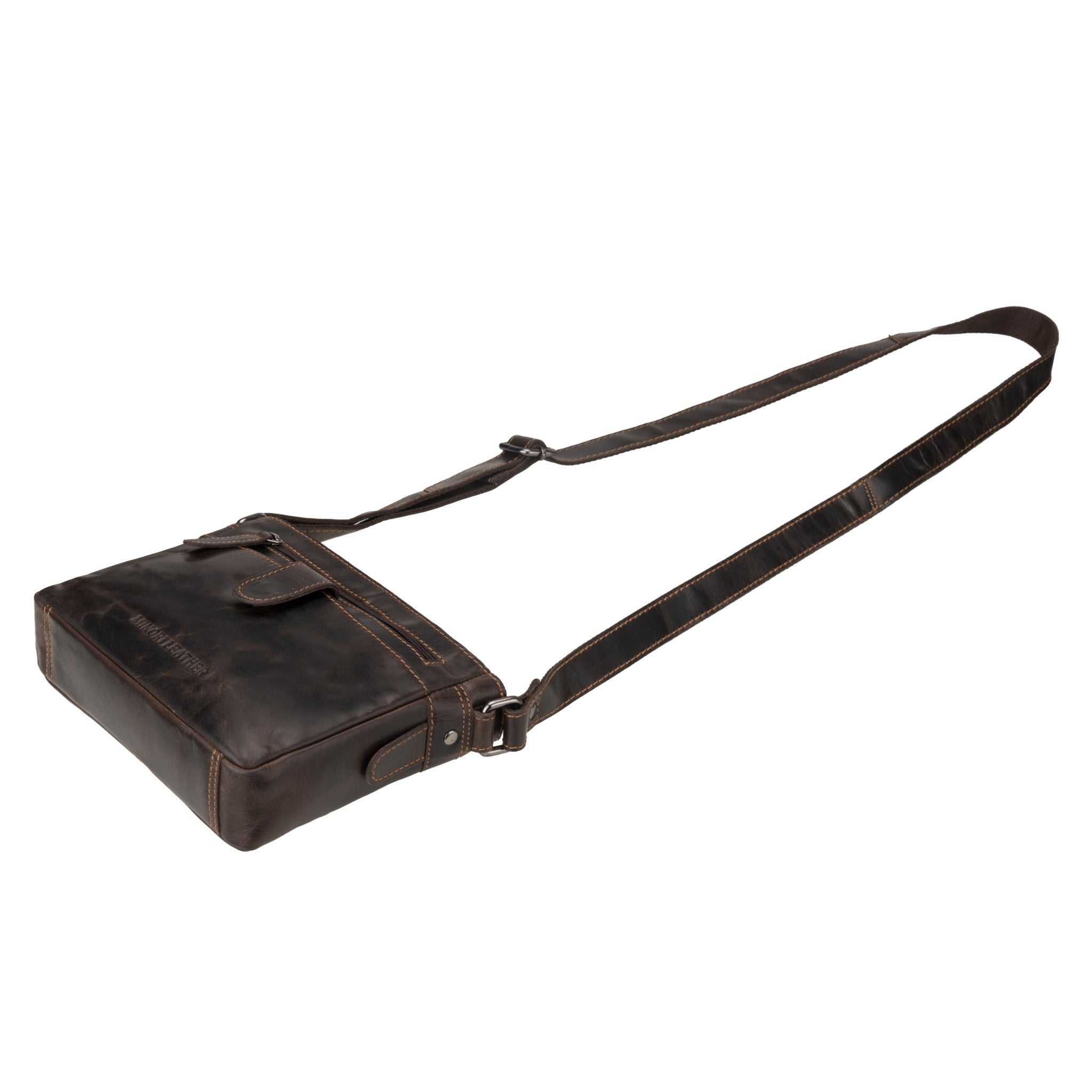 Brown Kingston leather crossbody bag by Minori Leather, featuring a sleek unisex design with adjustable strap and minimalist style.