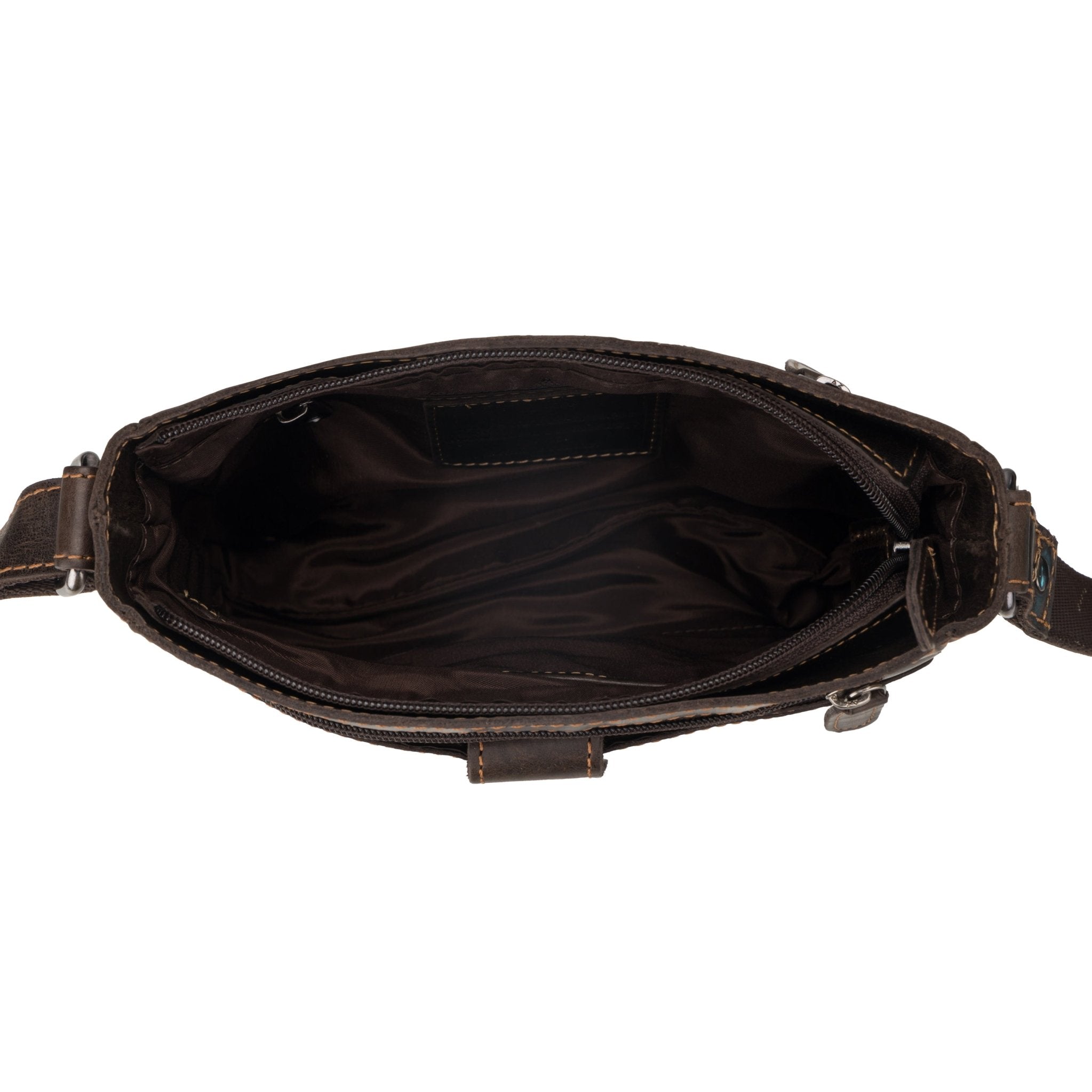Brown Kingston leather crossbody bag by Minori Leather, unisex style with adjustable strap and sleek design.