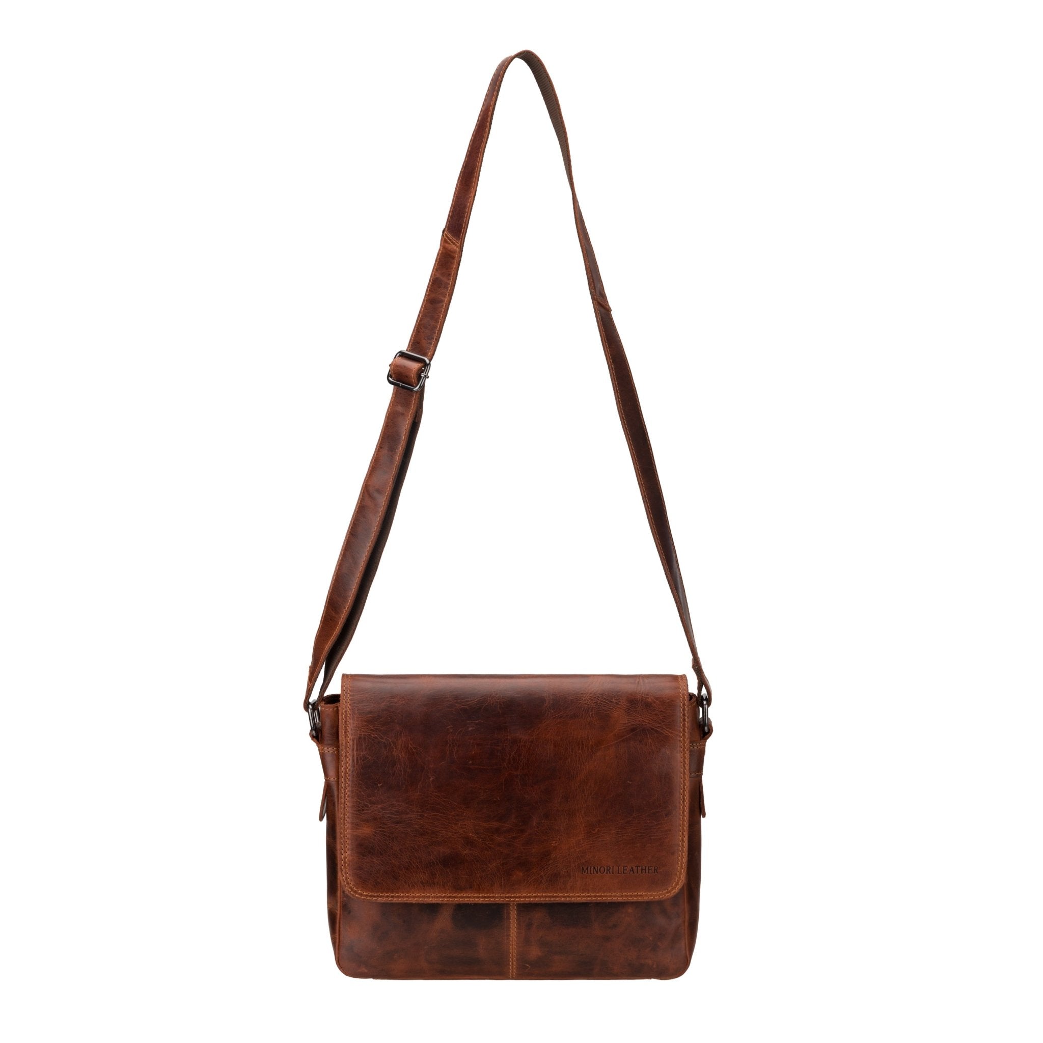 Minori Leather Austin unisex leather satchel bag in chestnut, 11-inch crossbody bag with adjustable strap and classic design.