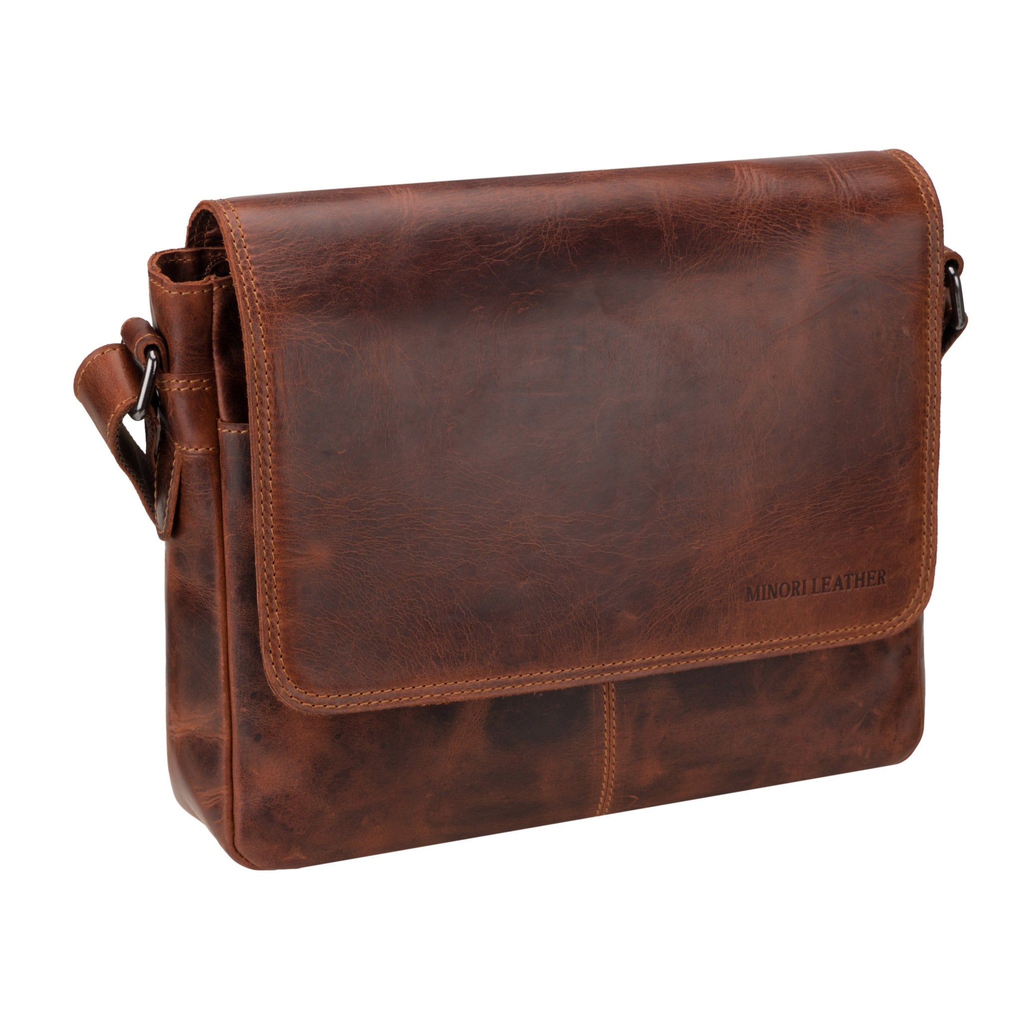 Austin leather satchel bag by Minori Leather, 11-inch chestnut crossbody bag for unisex use, featuring a sleek leather design.