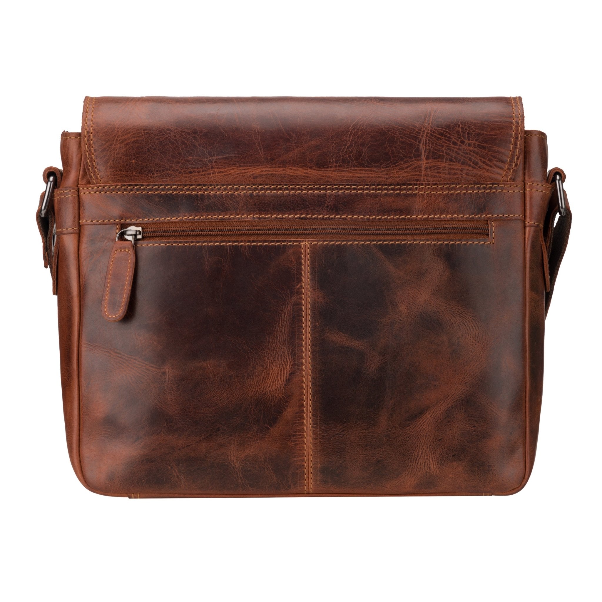 Minori Leather Austin unisex 11-inch chestnut leather crossbody satchel bag with adjustable strap.