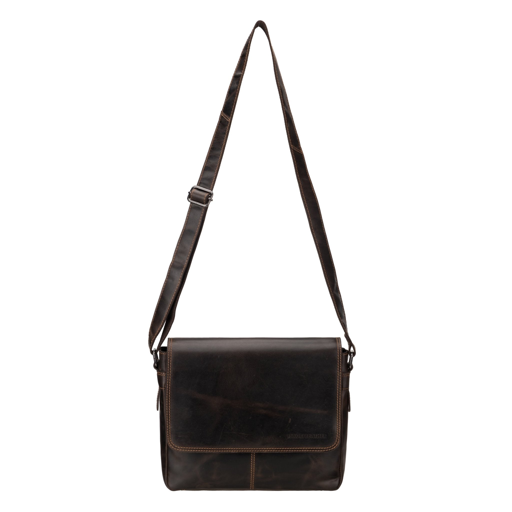 Brown Austin leather satchel bag by Minori Leather, 11-inch unisex crossbody bag with sleek design and sturdy leather construction.