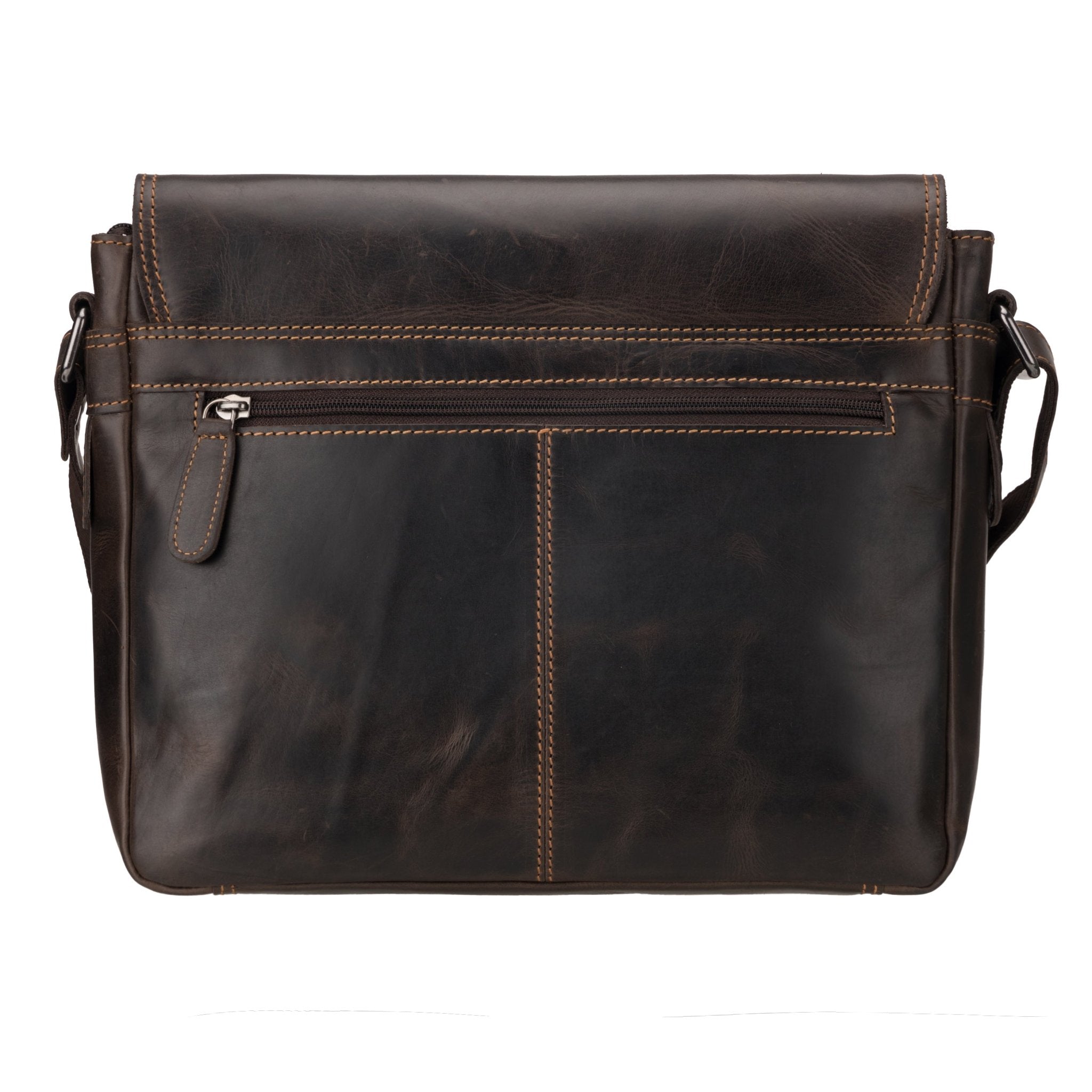 Brown Austin leather satchel bag by Minori Leather, 11-inch unisex crossbody bag with adjustable strap and classic design.