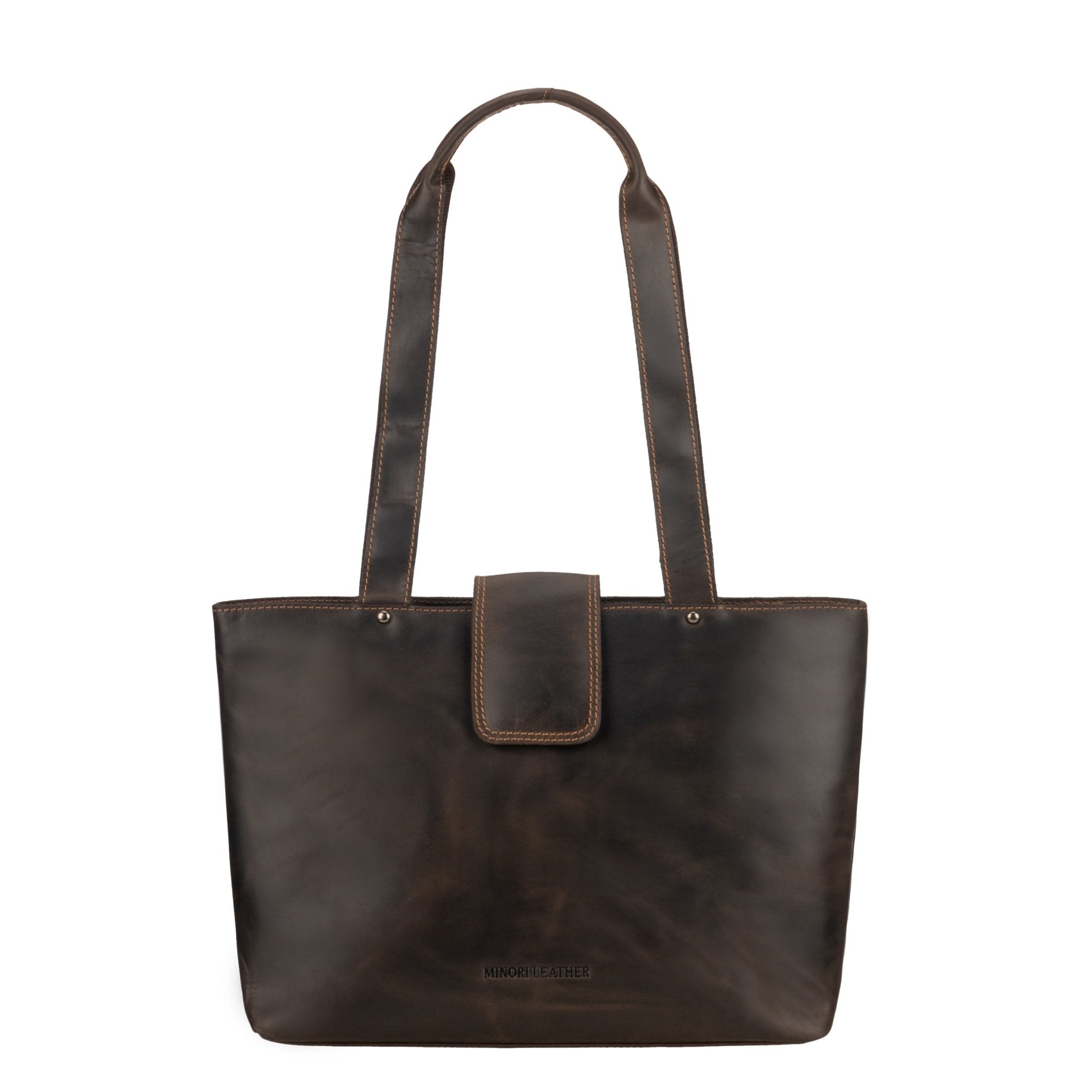 Minori Leather Everett Brown leather shoulder tote bag with dual handles and spacious interior, stylish for everyday use.