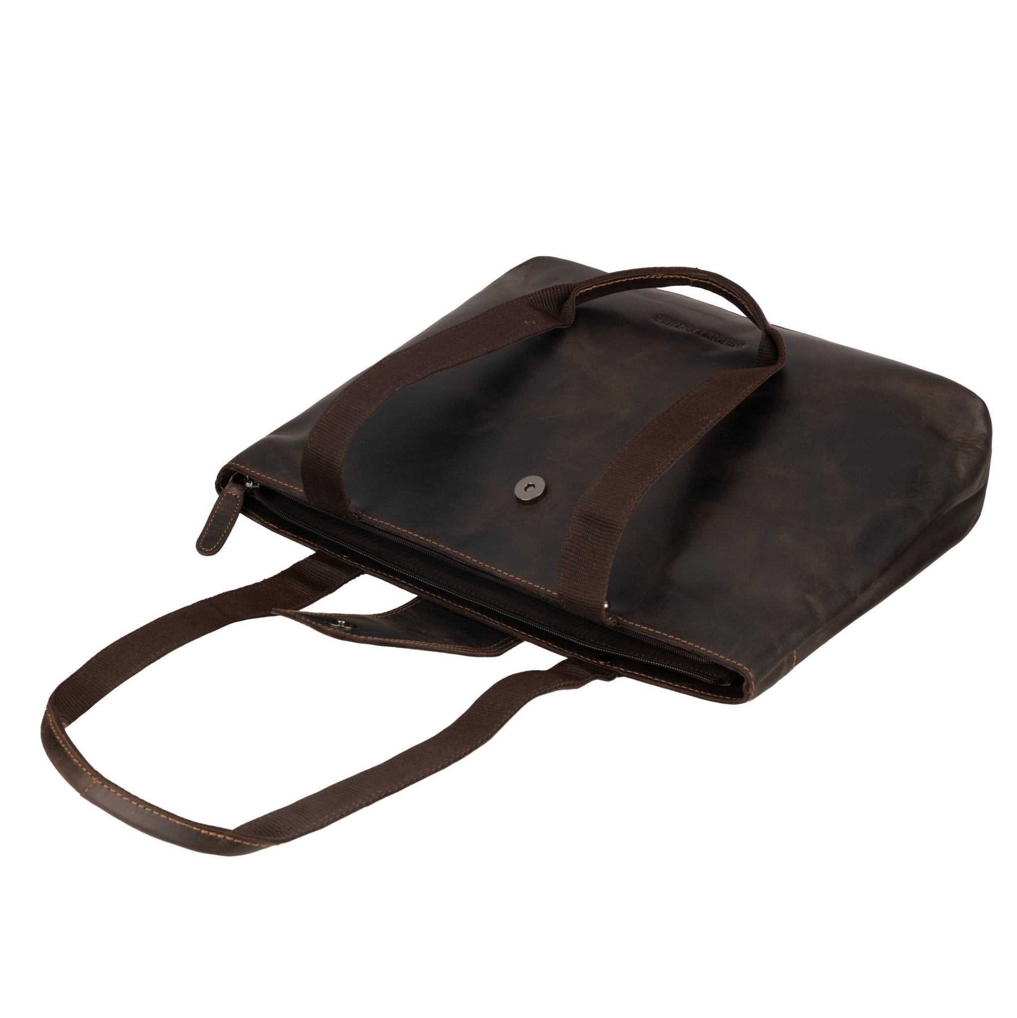 Minori Leather Everett brown leather tote shoulder bag with sturdy handles and spacious interior.