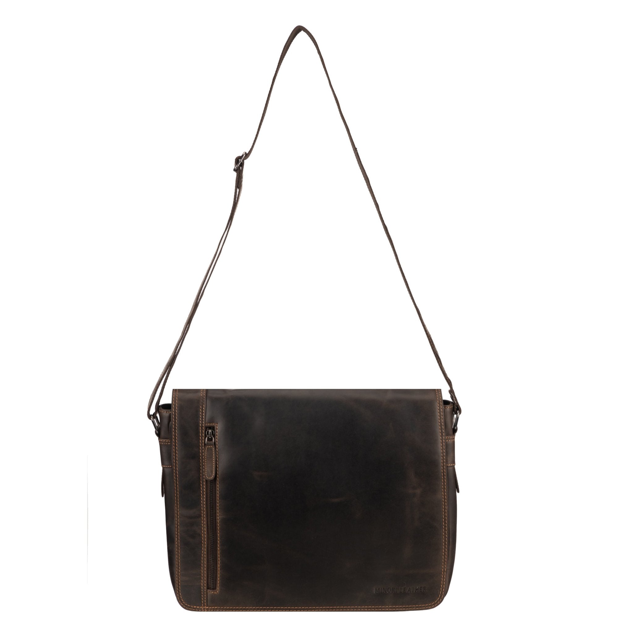 Minori Leather William full-grain leather messenger bag for men and women, featuring a sleek design and adjustable shoulder strap.