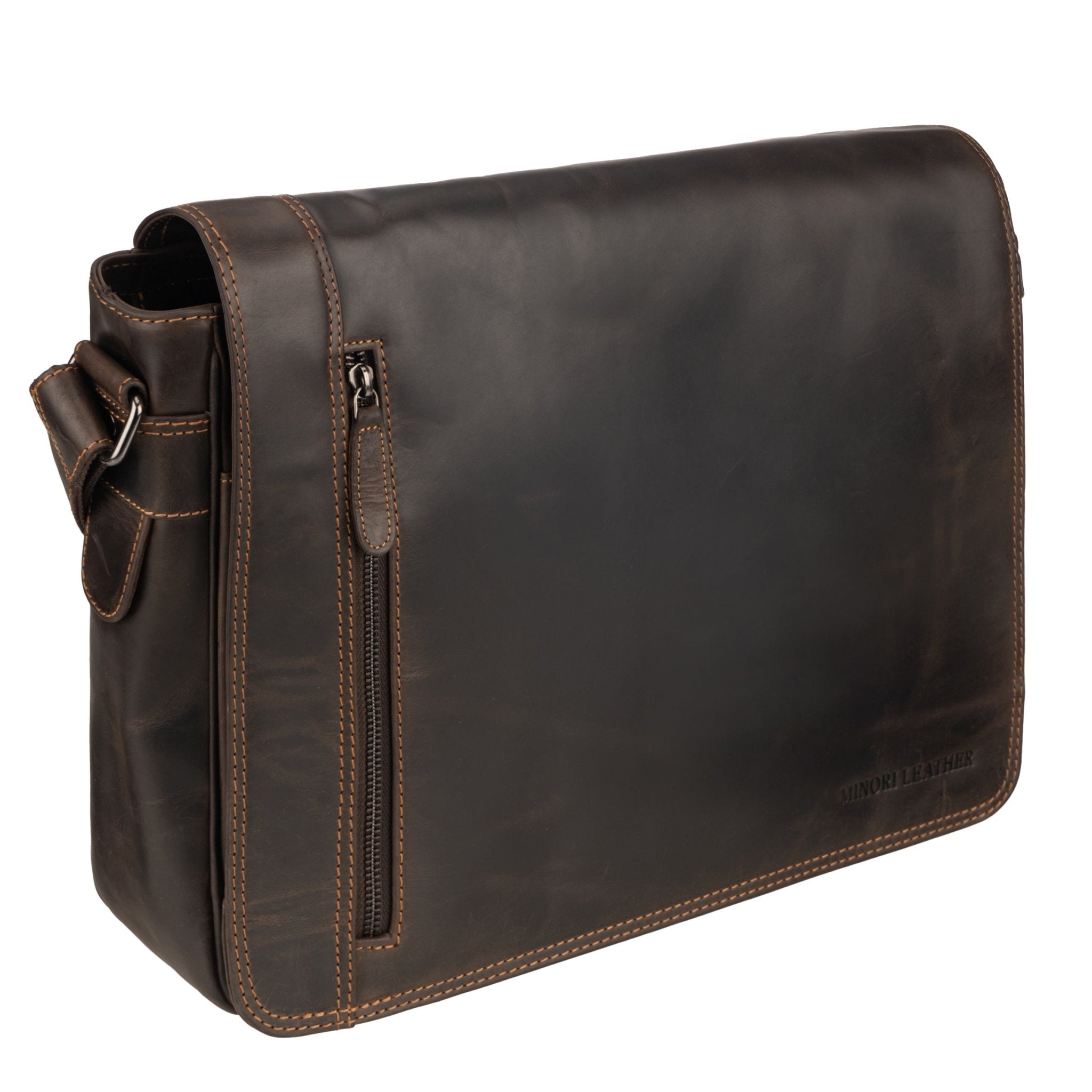William Leather Messenger Bag by Minori Leather in full-grain leather, featuring a classic design for men and women.
