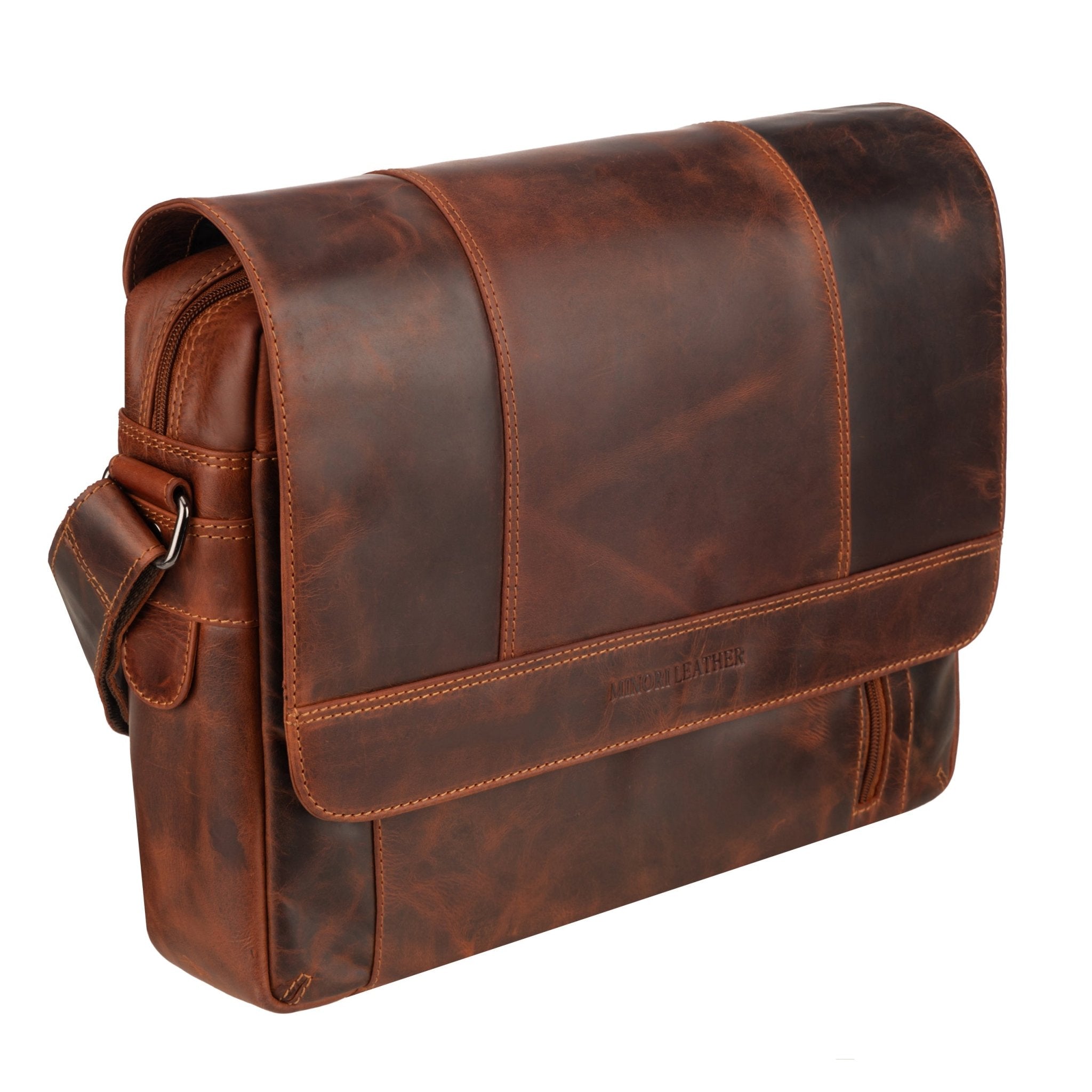Minori Leather Jordan Leather Messenger Bag in chestnut for laptops, featuring a sleek design and adjustable shoulder strap.