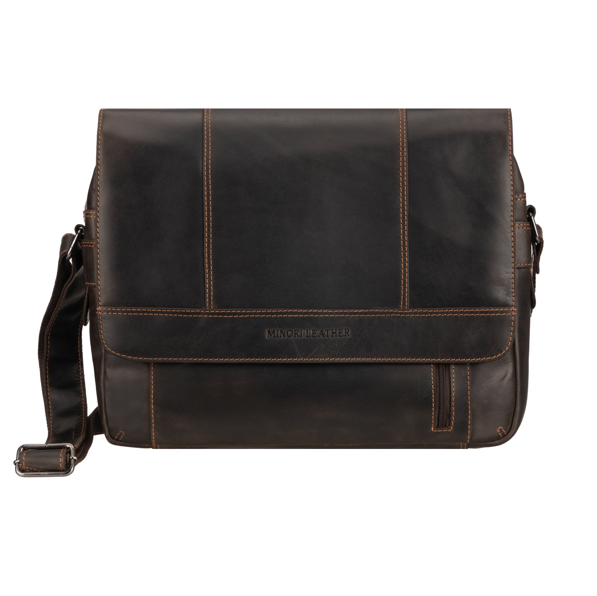 Minori Leather brown leather messenger bag with adjustable strap and classic design, perfect for daily use.