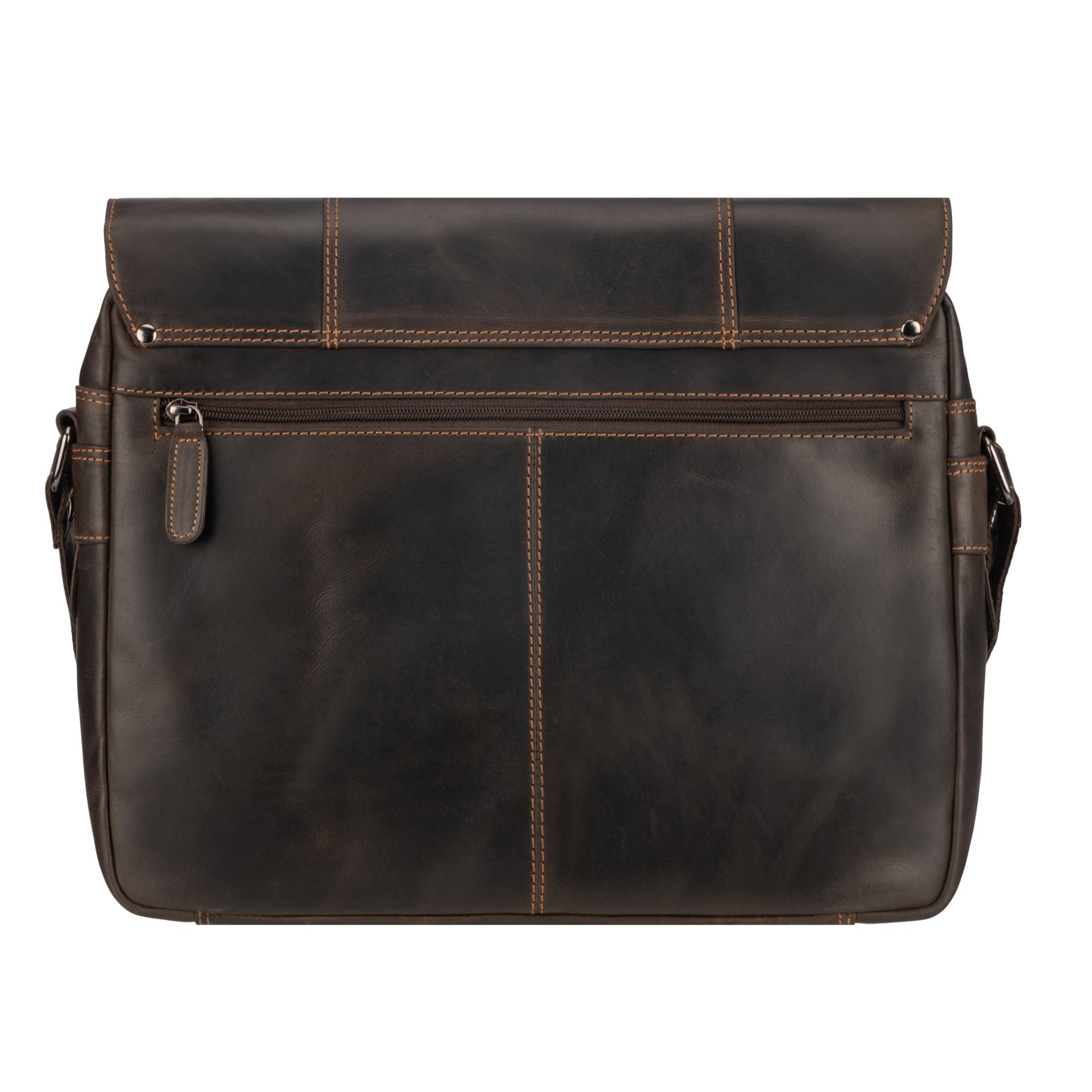 Brown Jordan leather messenger bag by Minori Leather featuring a sleek design and adjustable strap.