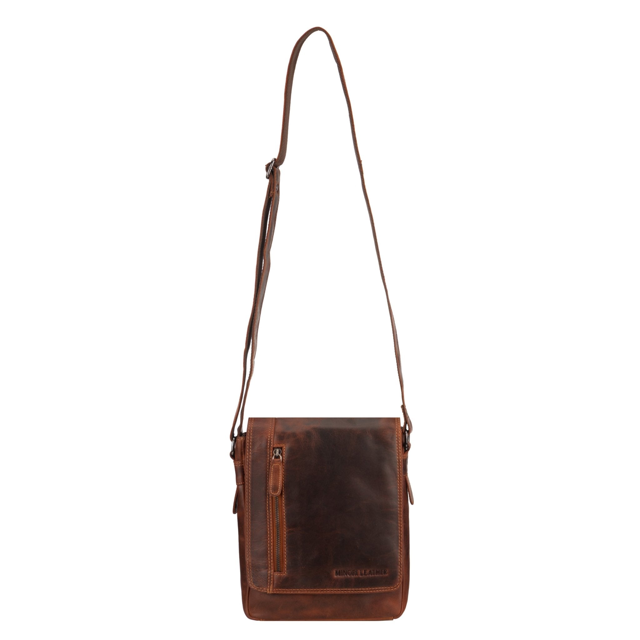 Minori Leather Knox leather crossbody bag with adjustable strap and sleek design, showing detailed stitching and high-quality leather.