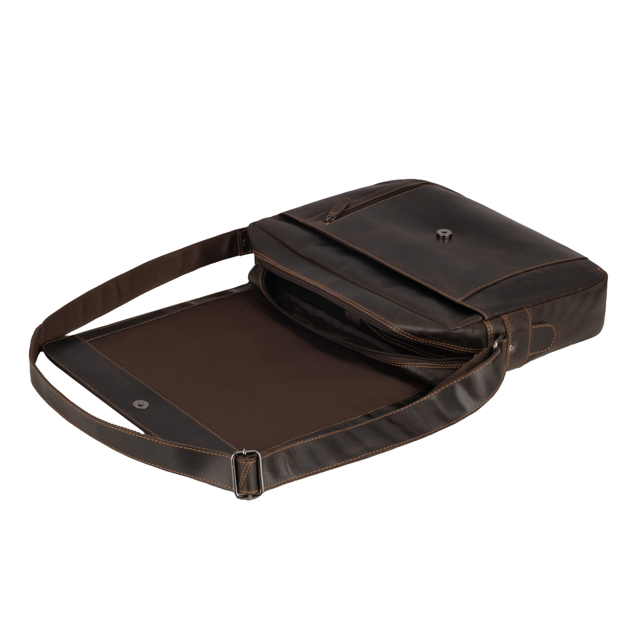Brown Jordan leather messenger bag by Minori Leather, featuring adjustable strap and classic design for everyday use.
