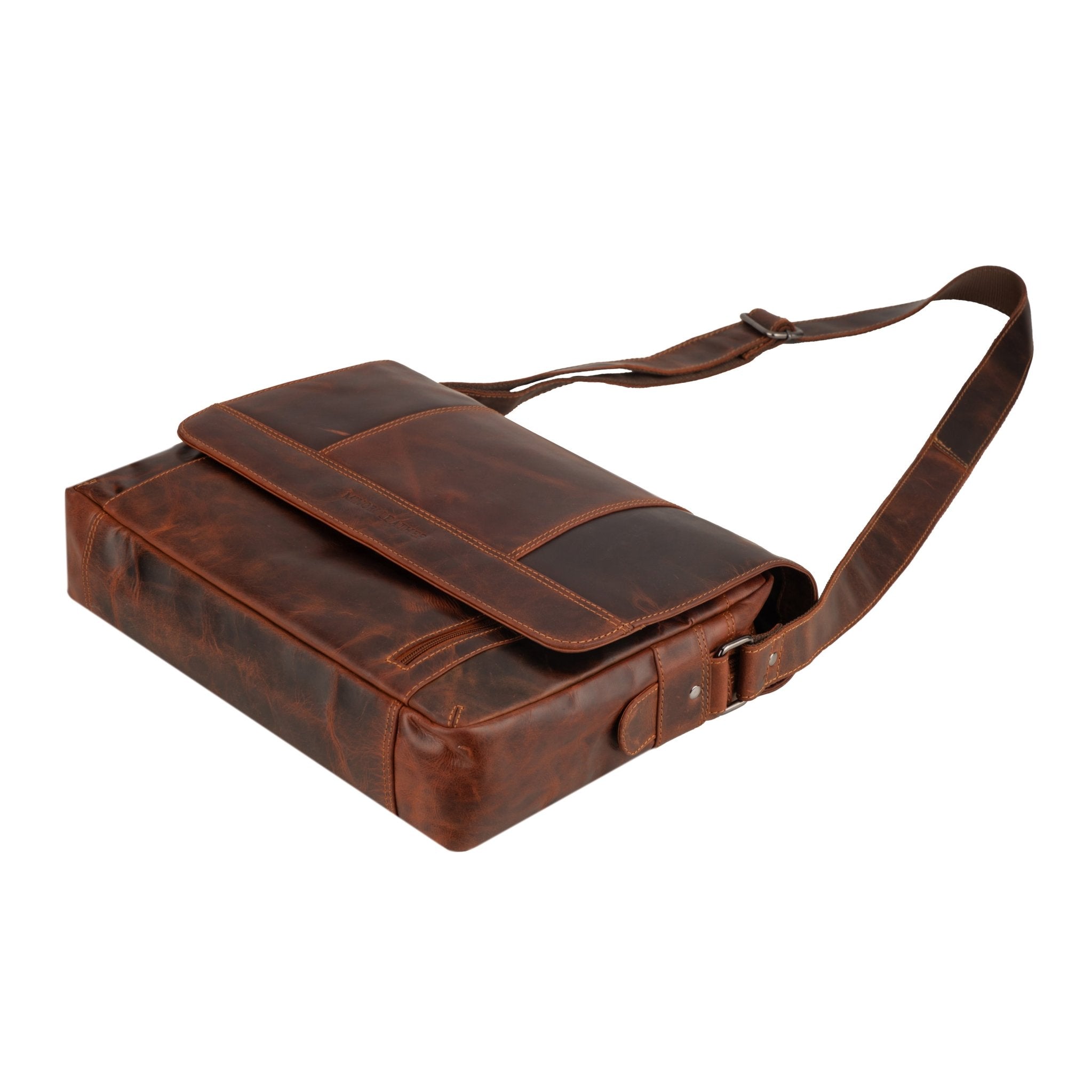 Minori Leather Jordan Leather Messenger Bag in Chestnut, stylish laptop bag with adjustable shoulder strap and leather finish.