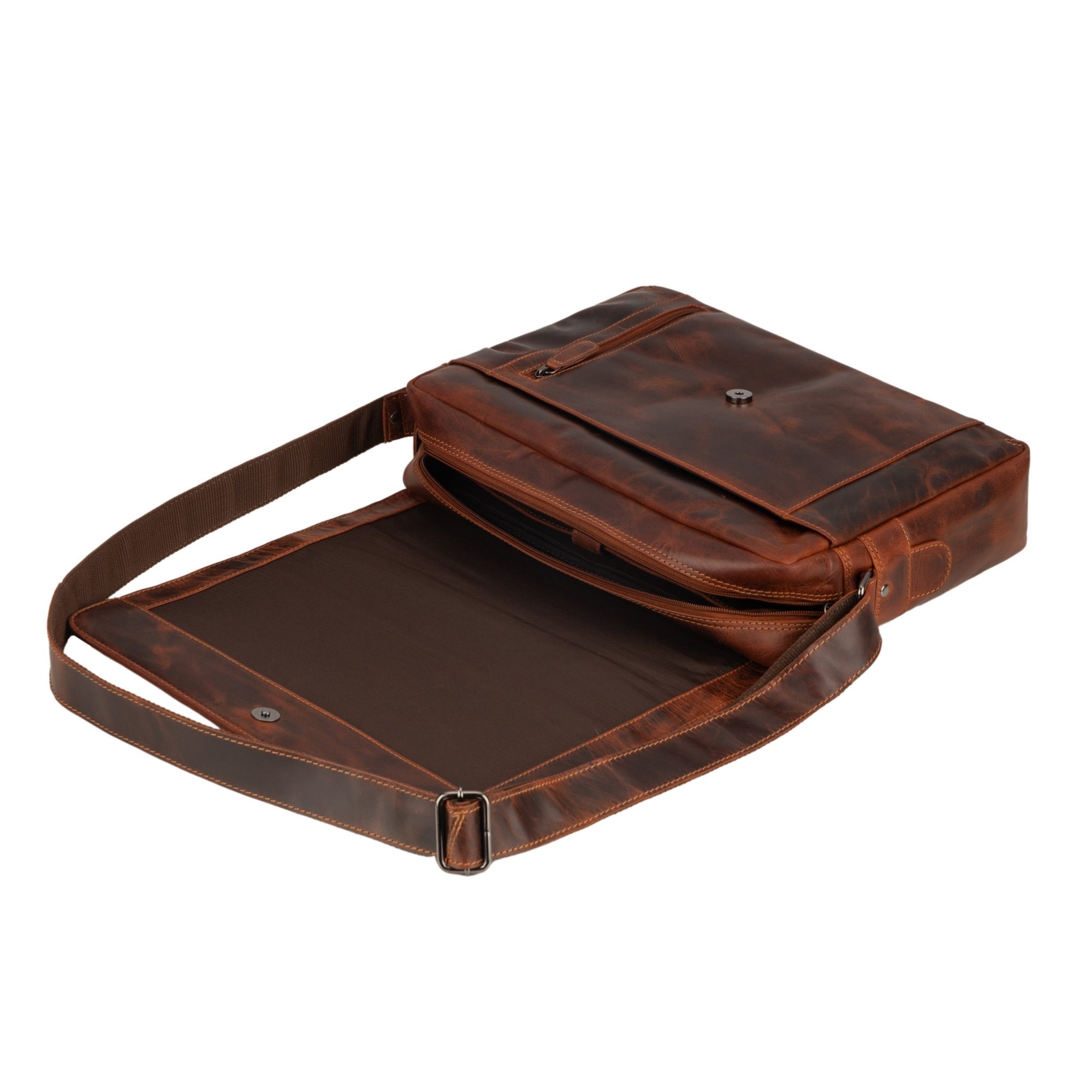 Jordan Leather Messenger Bag in Chestnut, Minori Leather laptop bag with adjustable strap and classic design.